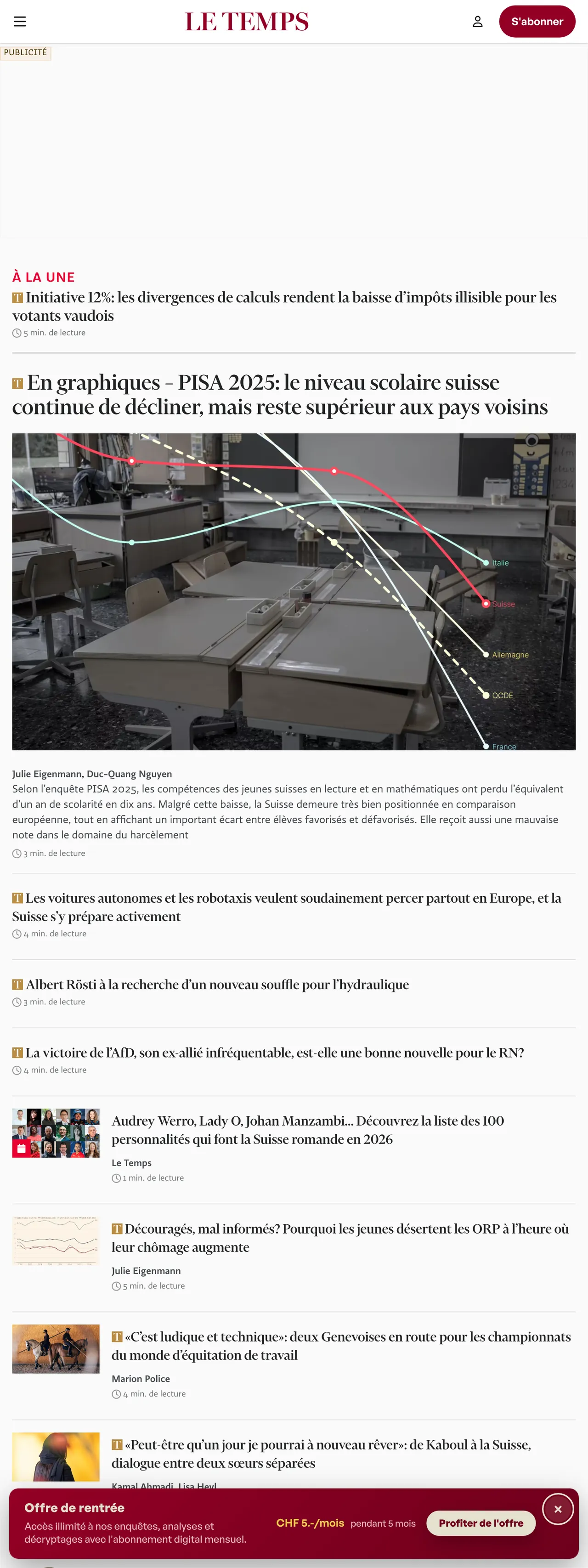 Screenshot of the Le Temps front page