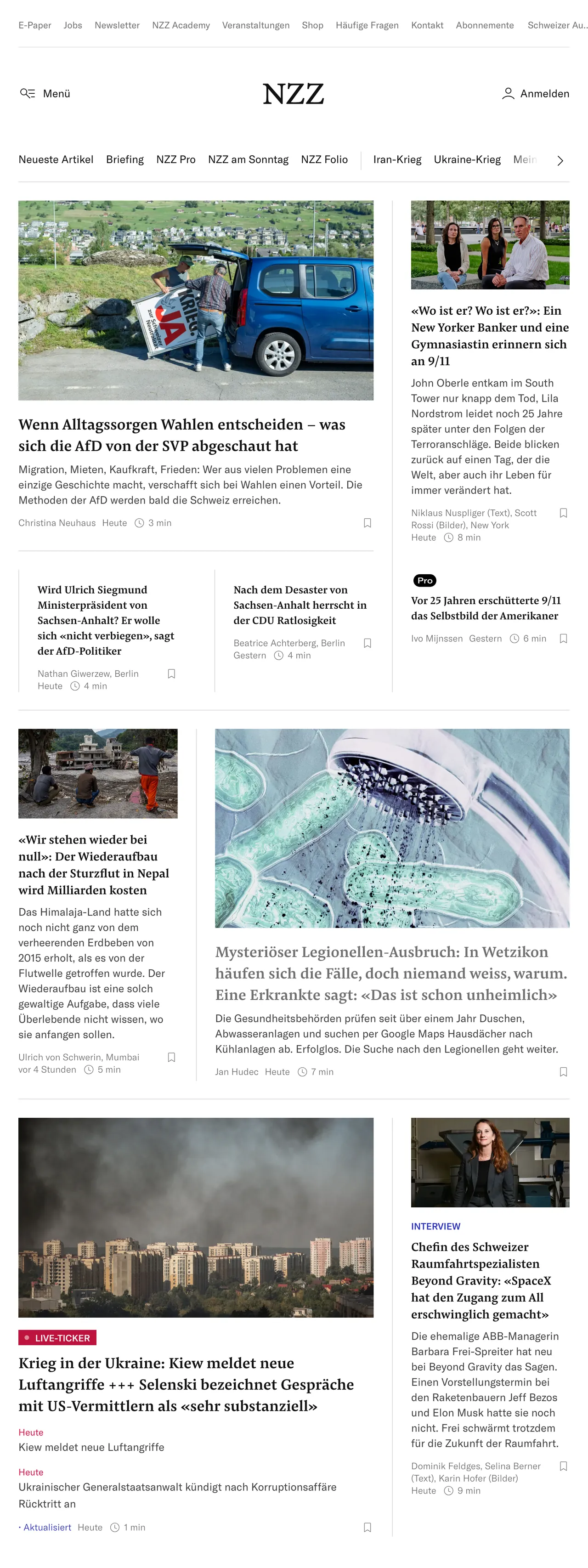 Screenshot of the Neue Zürcher Zeitung front page