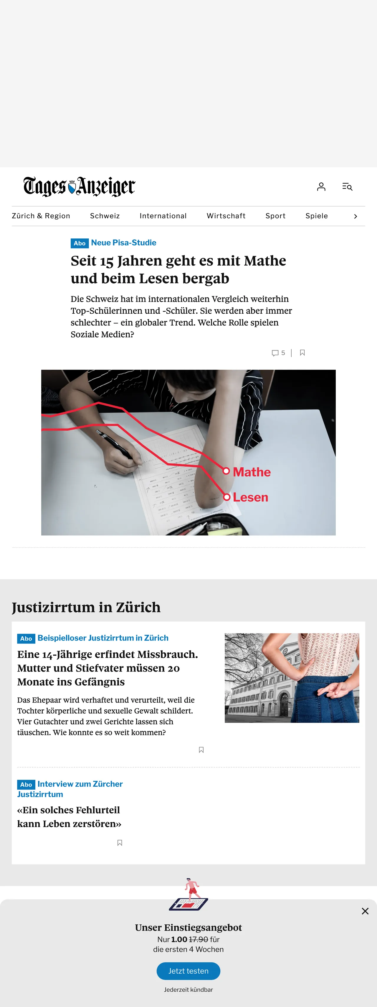 Screenshot of the Tages-Anzeiger front page