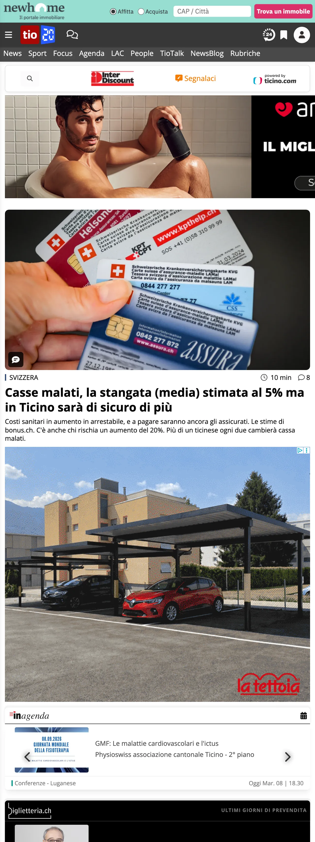 Screenshot of the Ticinonline front page