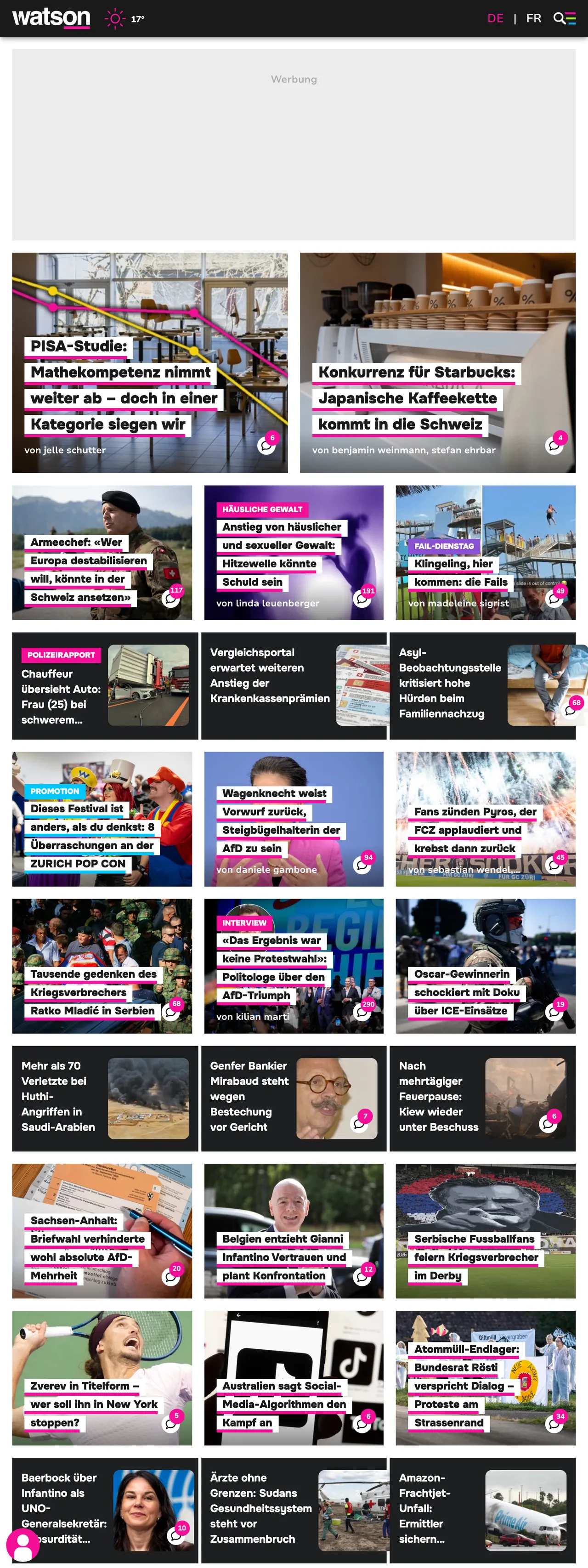 Screenshot of the watson front page