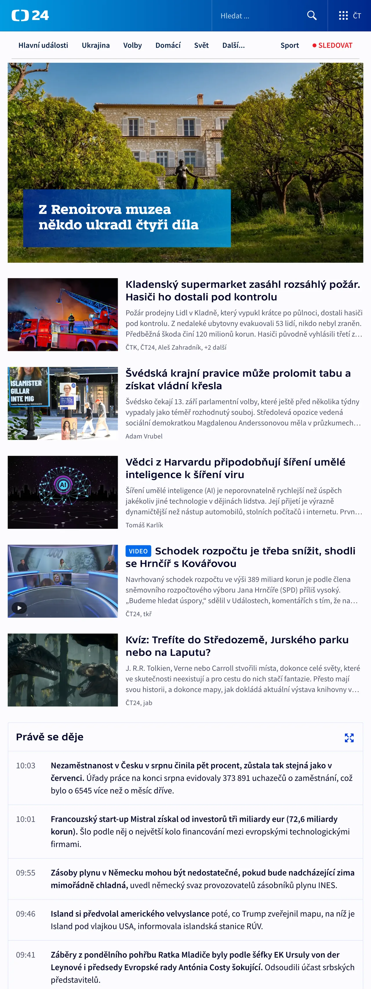 Screenshot of the ČT24 front page