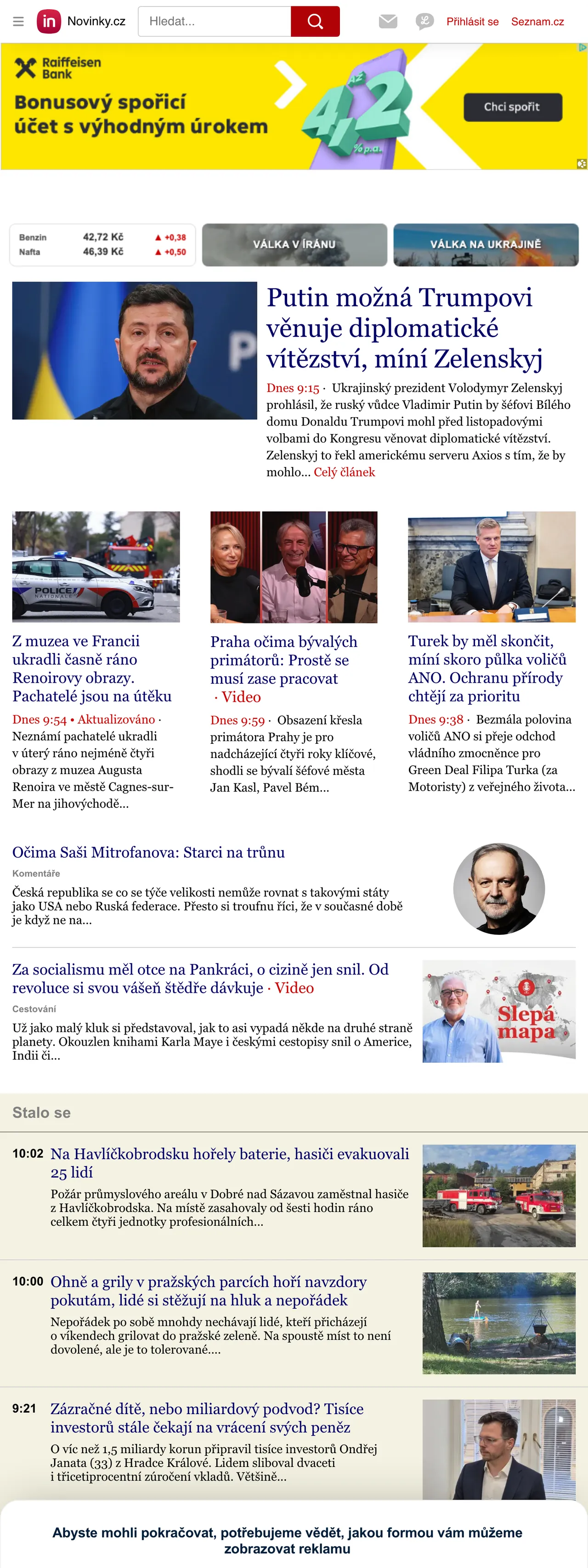 Screenshot of the Novinky.cz front page