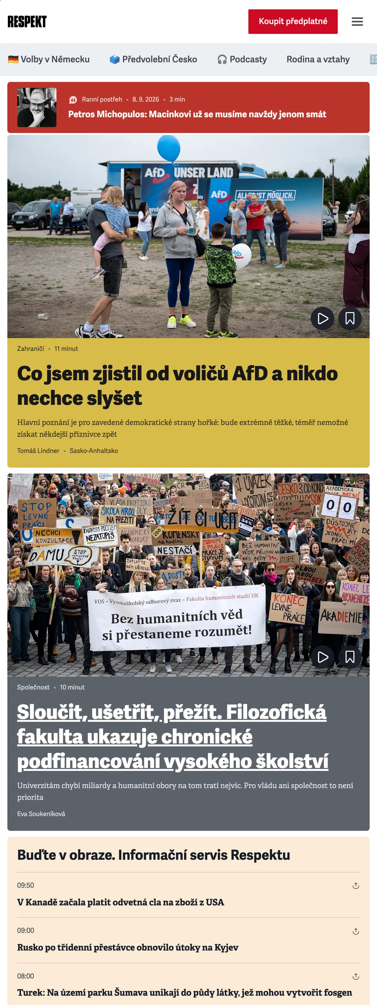 Screenshot of the Respekt front page