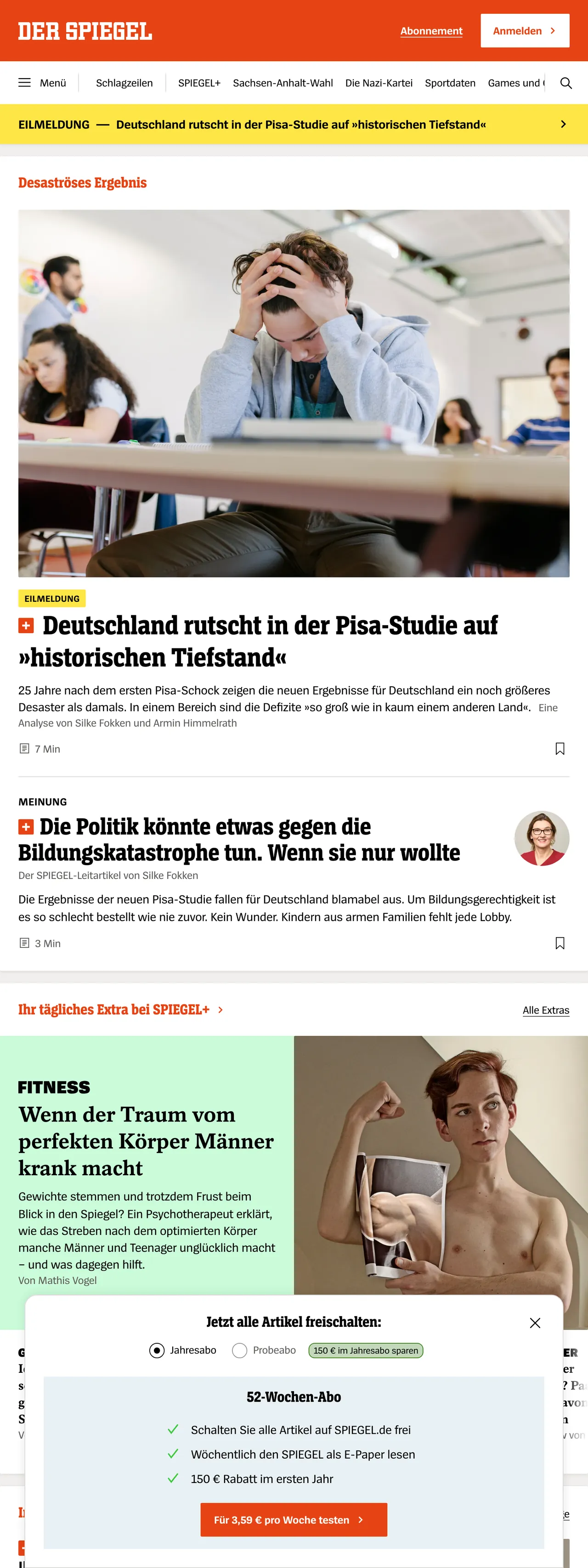 Screenshot of the DER SPIEGEL front page