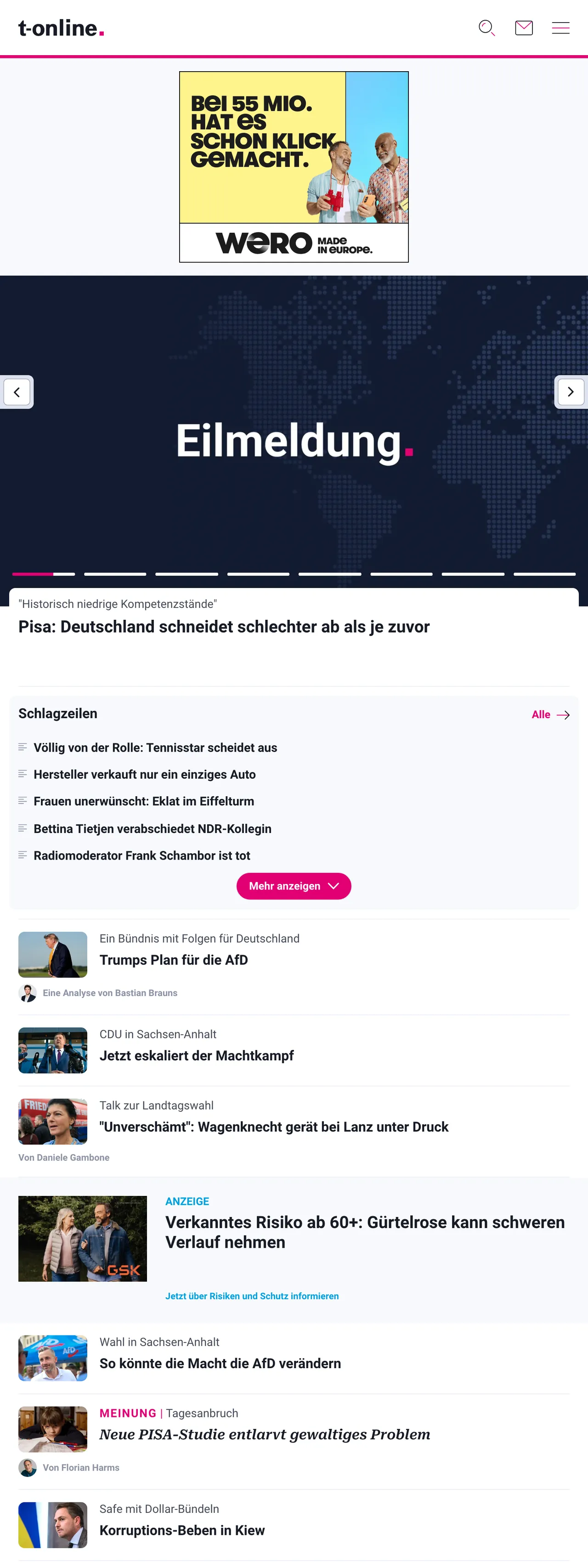 Screenshot of the t-online front page