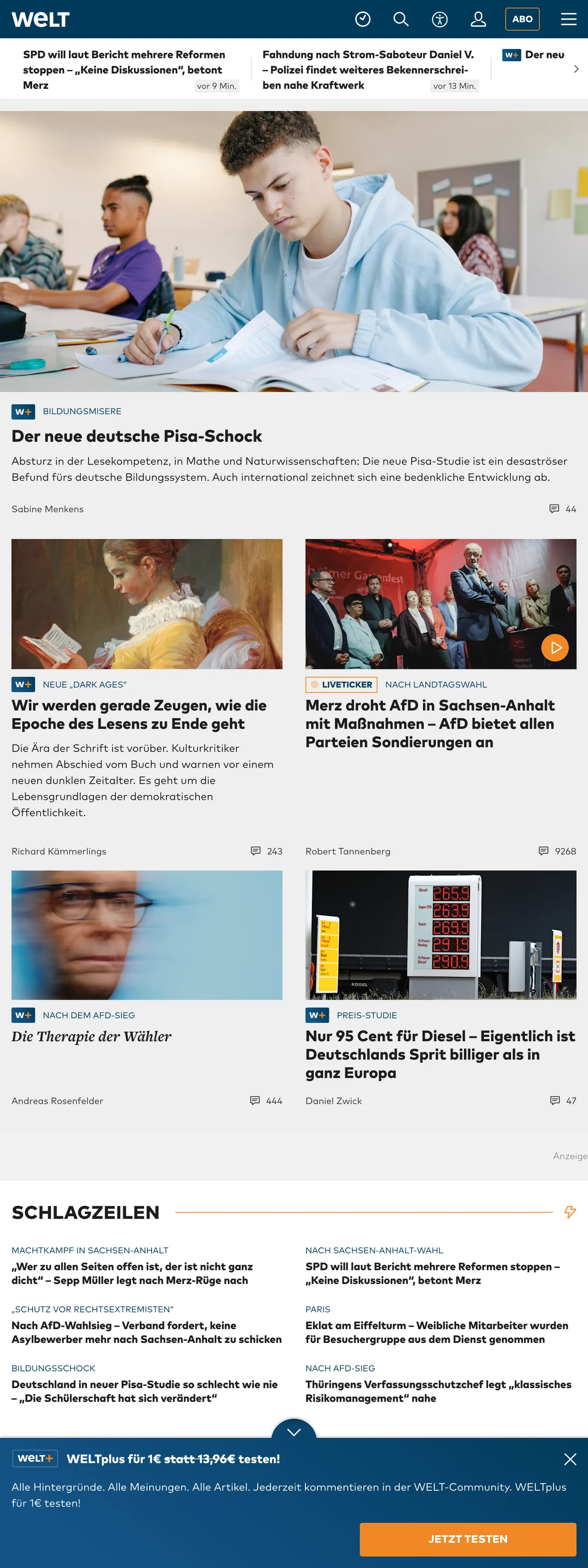 Screenshot of the WELT front page