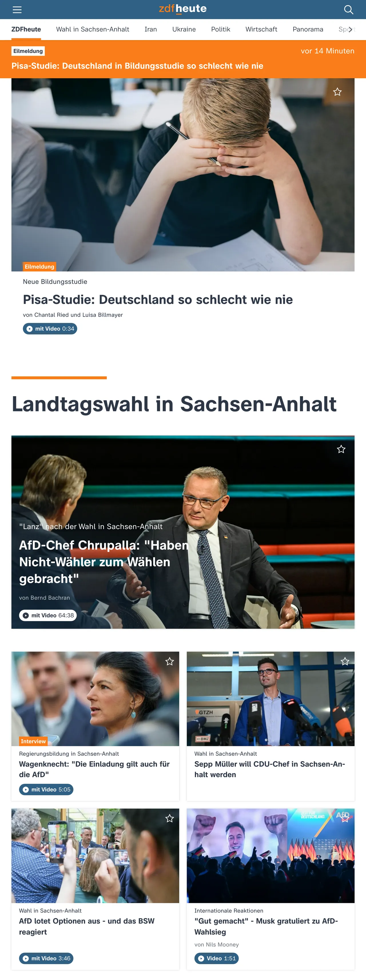 Screenshot of the ZDFheute front page