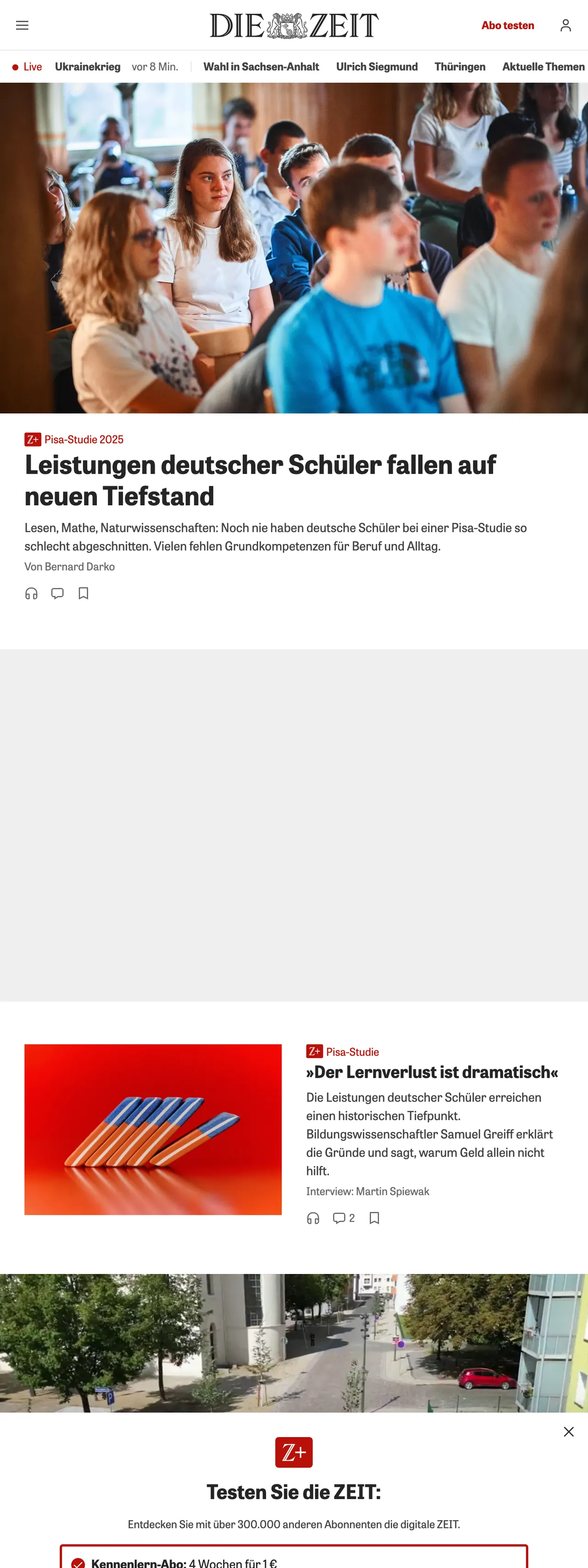 Screenshot of the ZEIT ONLINE front page
