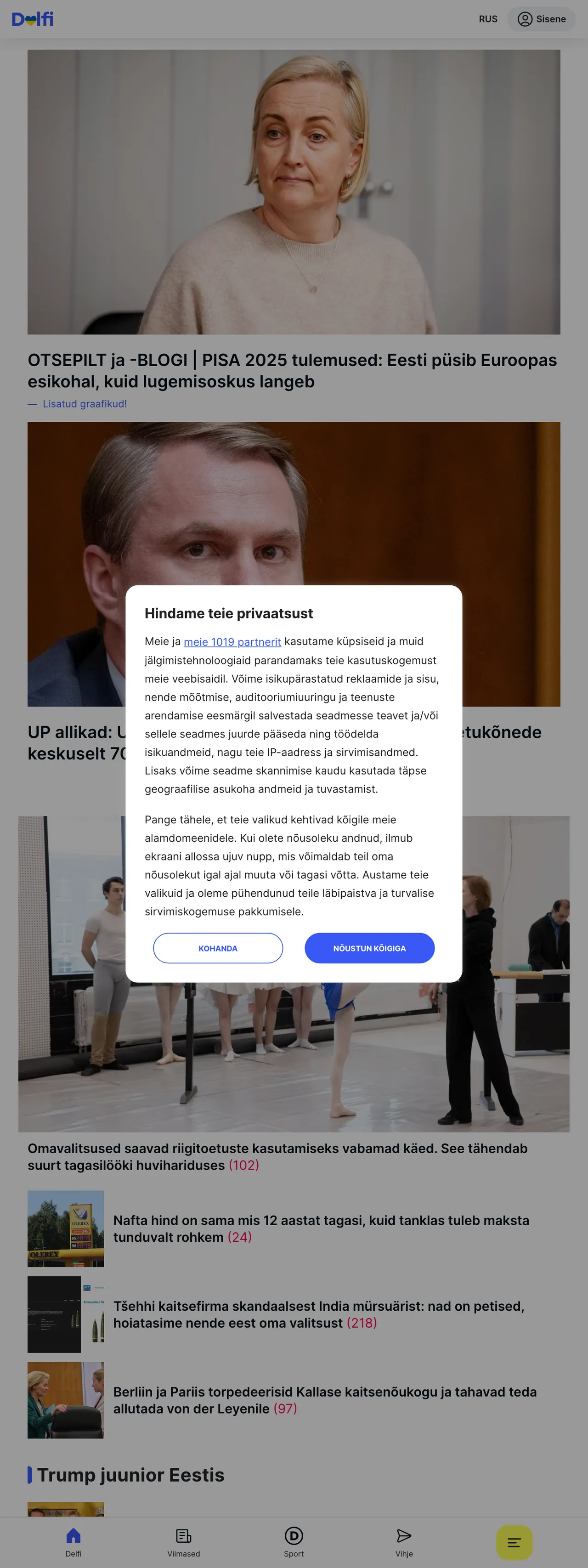 Screenshot of the Delfi front page