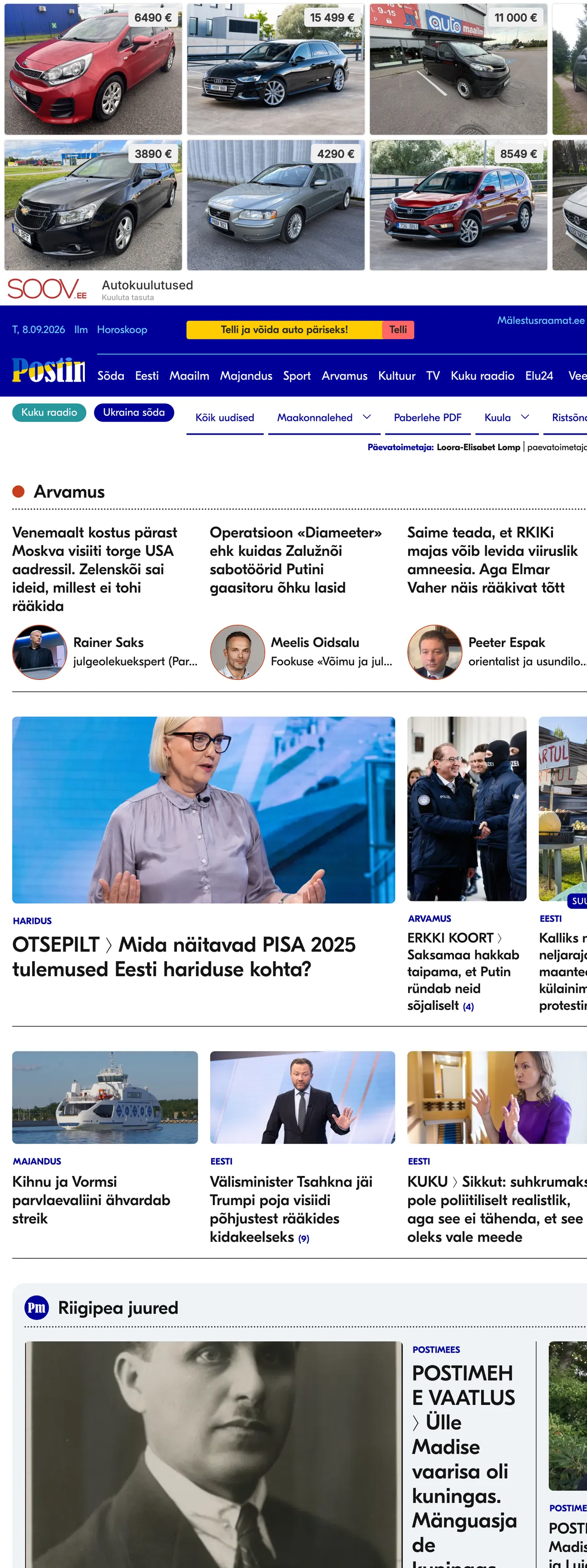 Screenshot of the Postimees front page