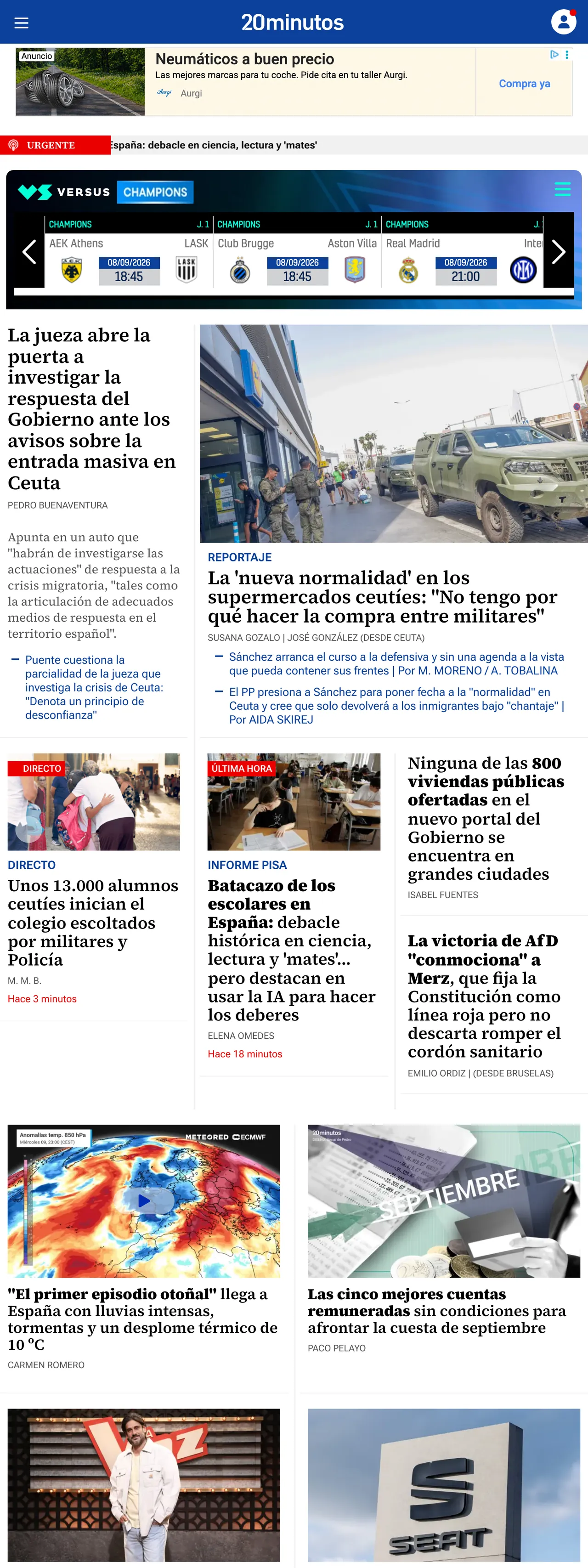 Screenshot of the 20minutos front page