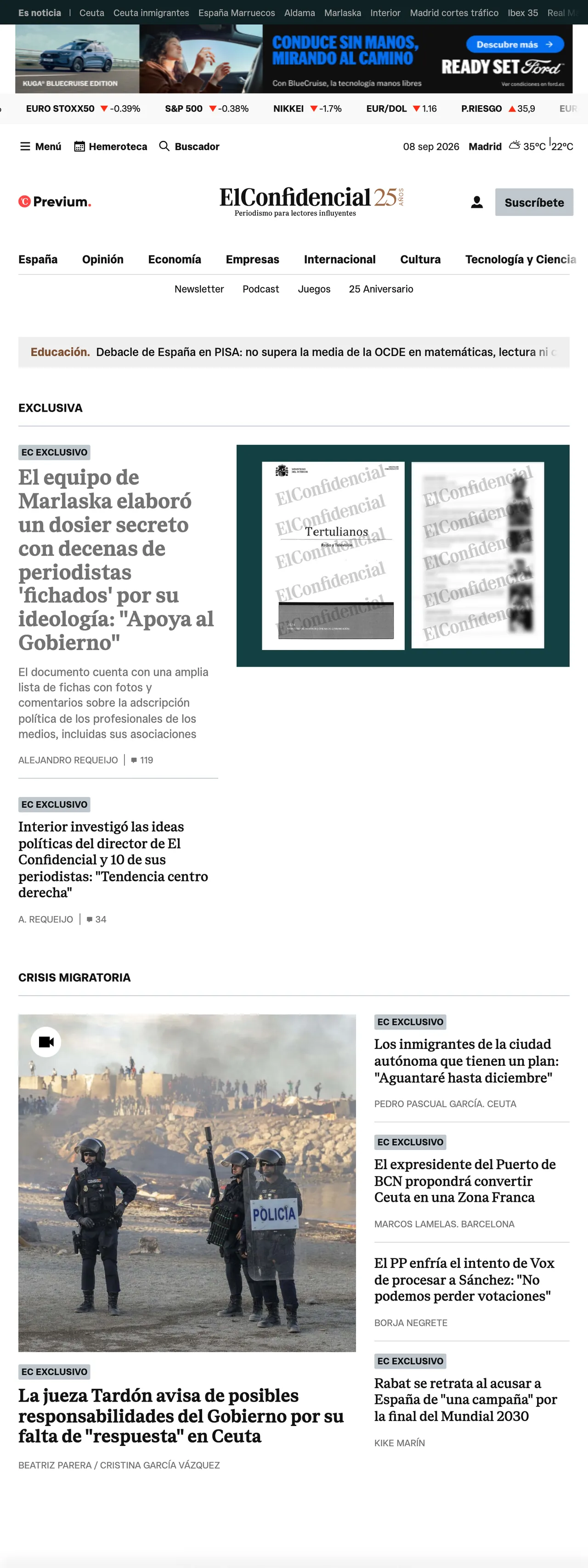 Screenshot of the El Confidencial front page