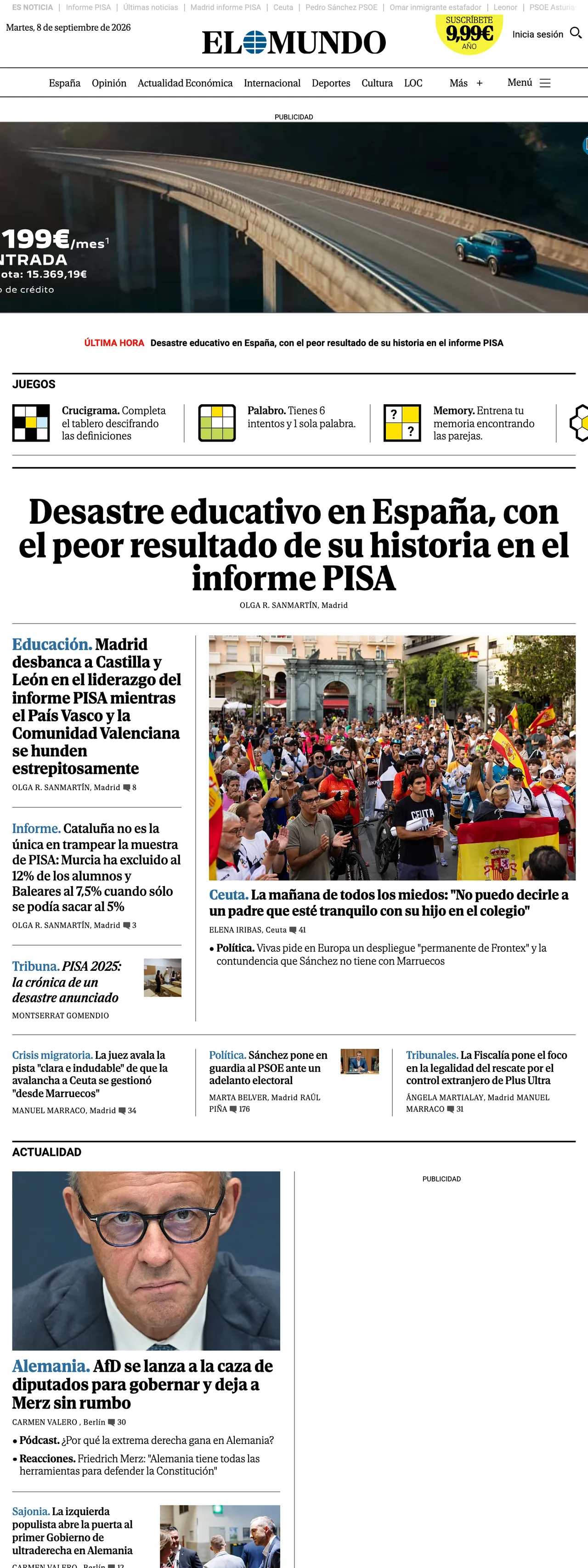 Screenshot of the El Mundo front page