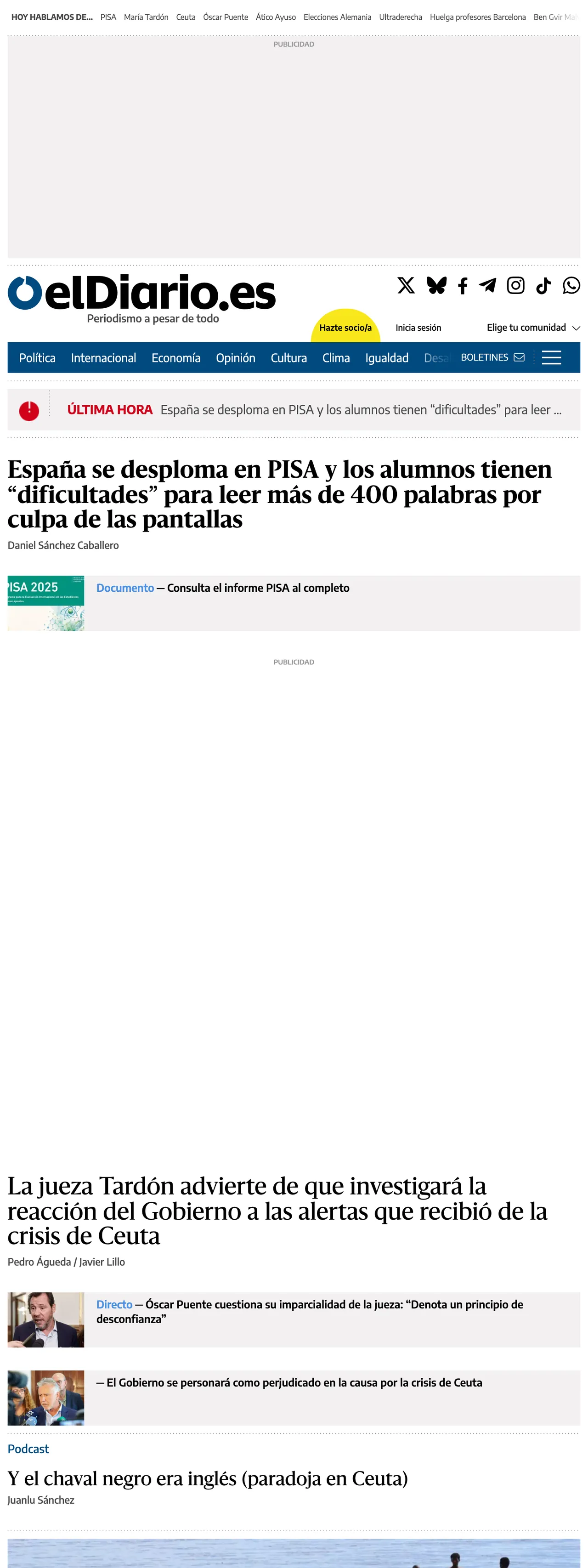Screenshot of the elDiario.es front page