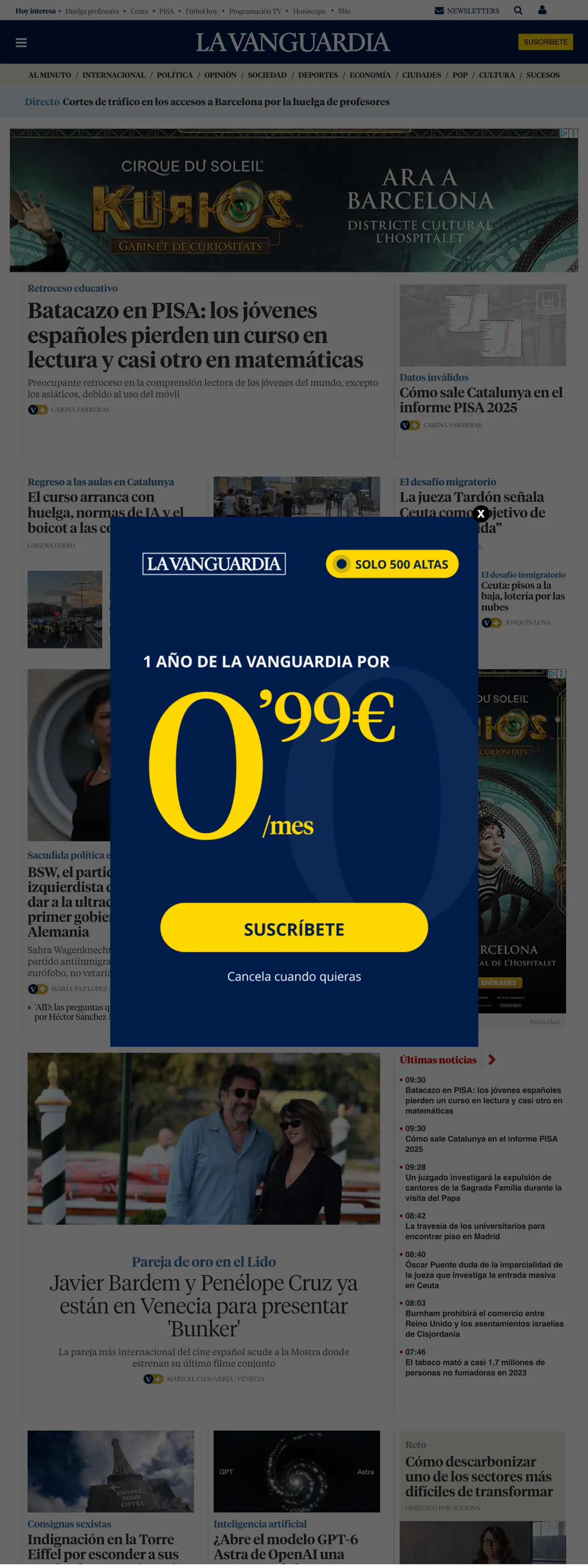 Screenshot of the La Vanguardia front page