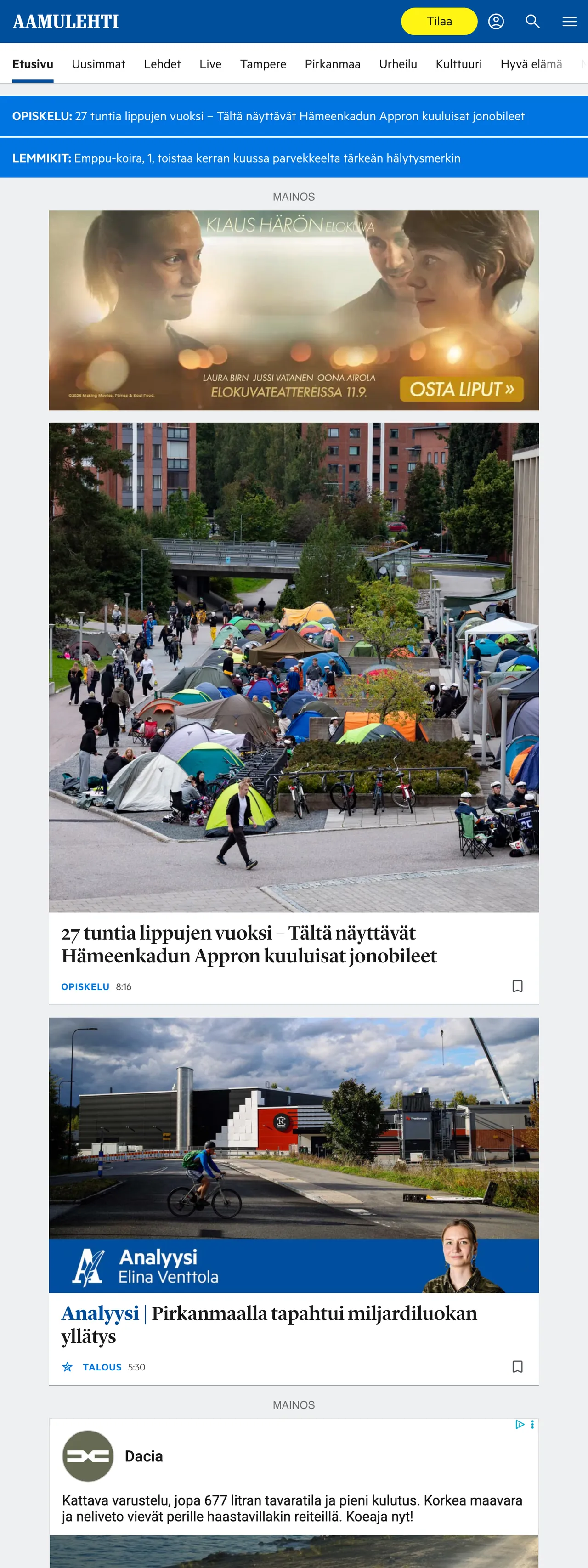 Screenshot of the Aamulehti front page