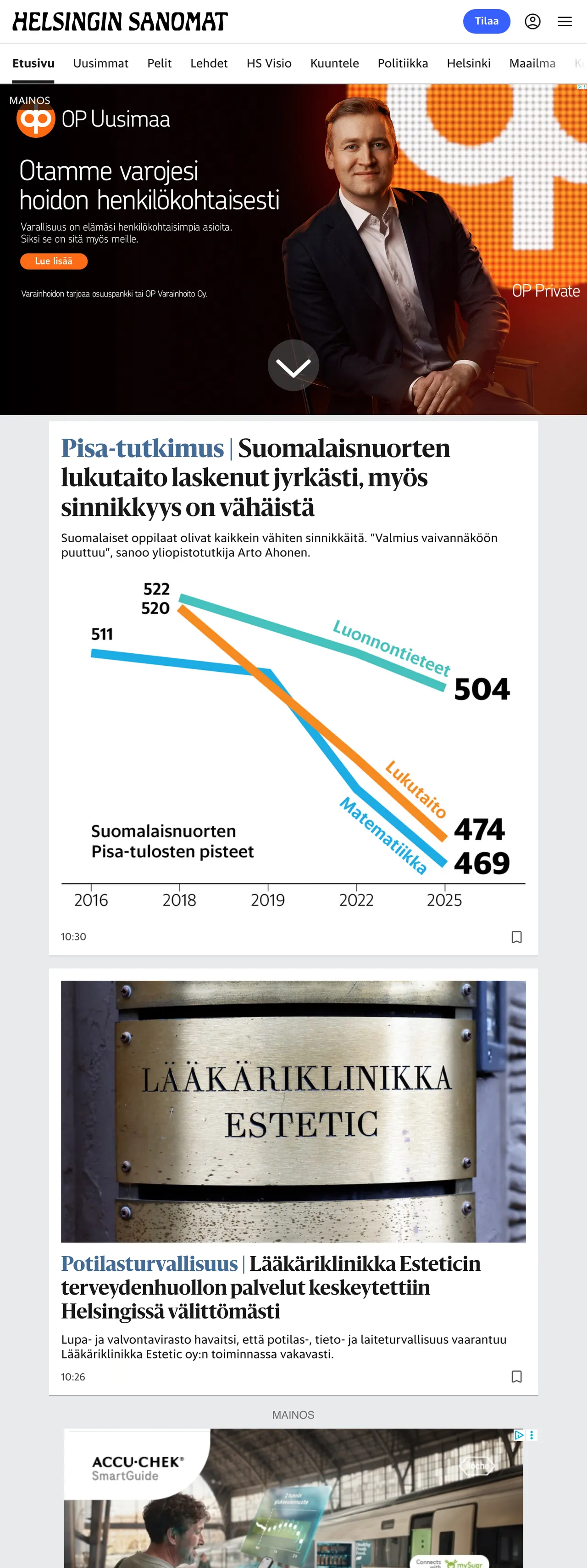 Screenshot of the Helsingin Sanomat front page