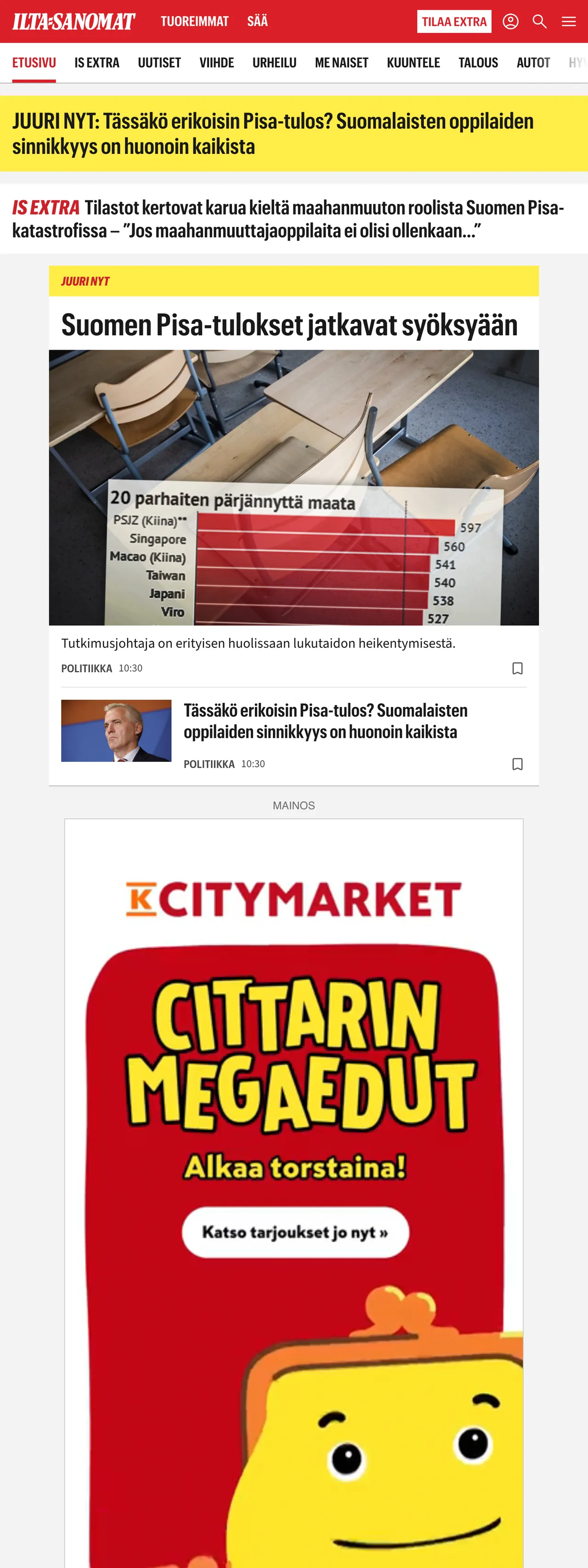 Screenshot of the Ilta-Sanomat front page