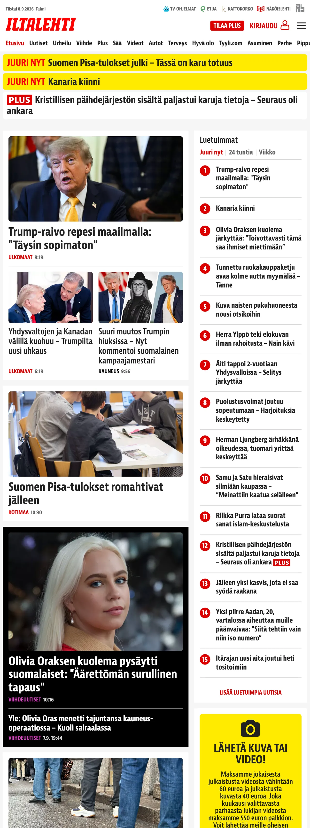 Screenshot of the Iltalehti front page