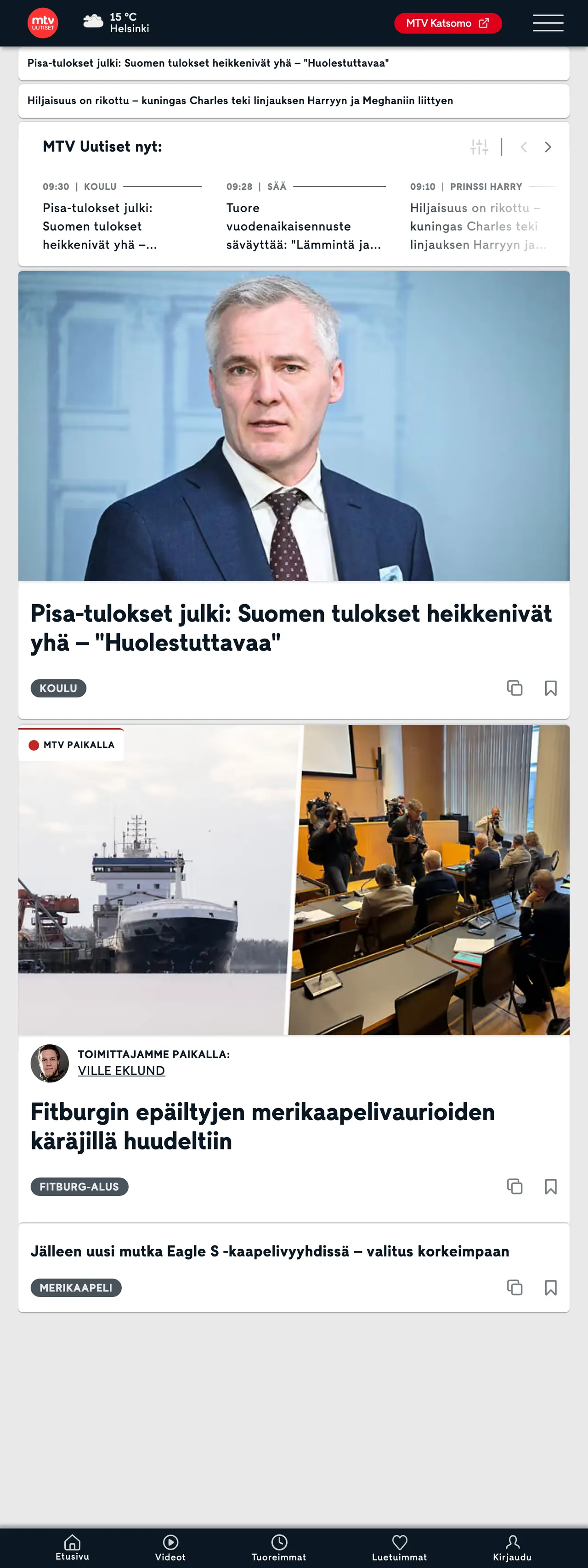 Screenshot of the MTV Uutiset front page