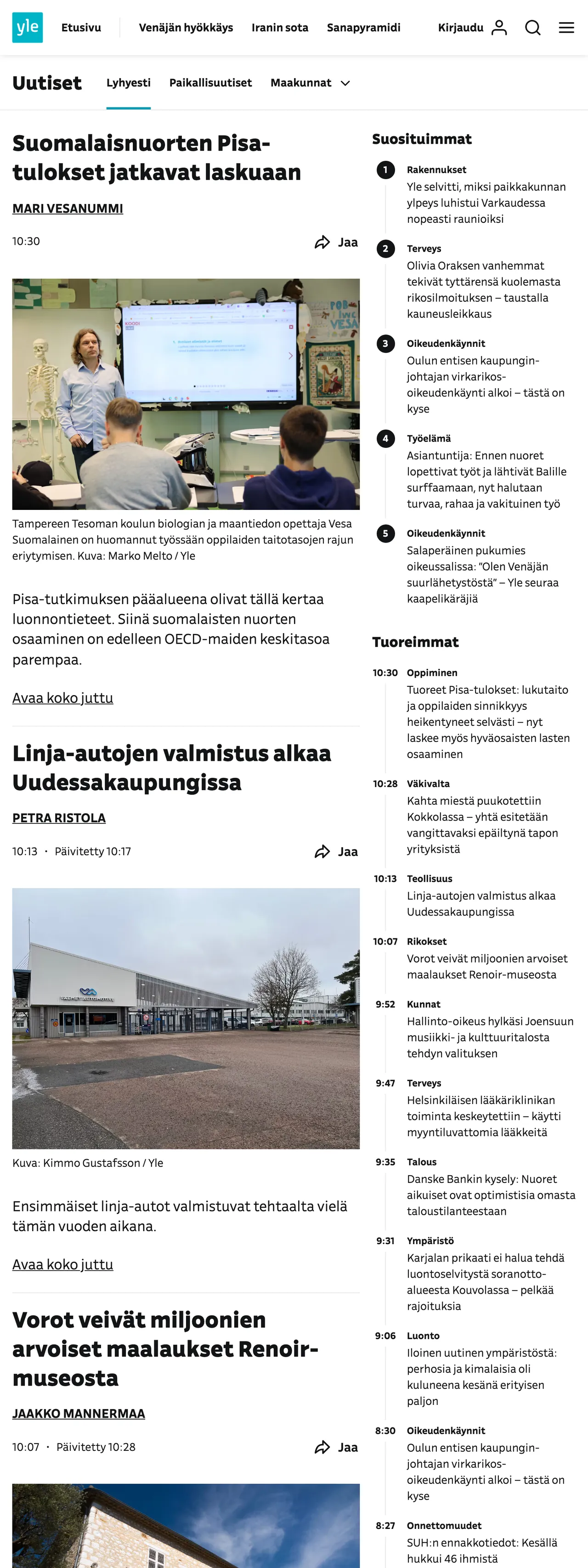 Screenshot of the Yle front page