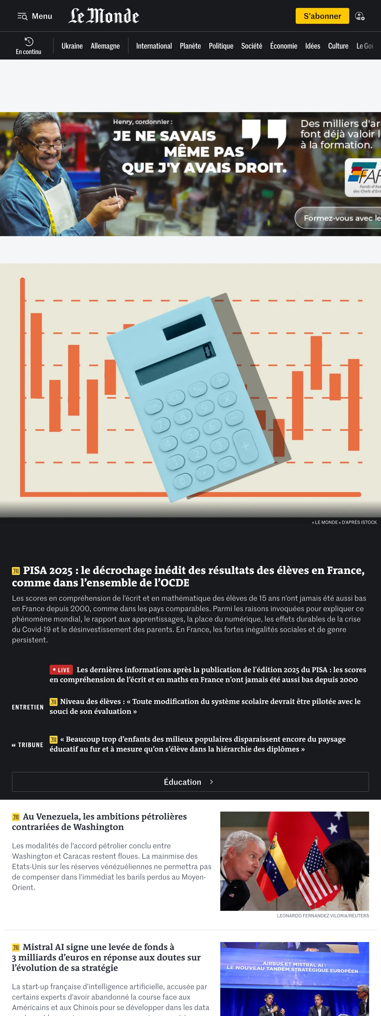 Screenshot of the Le Monde front page