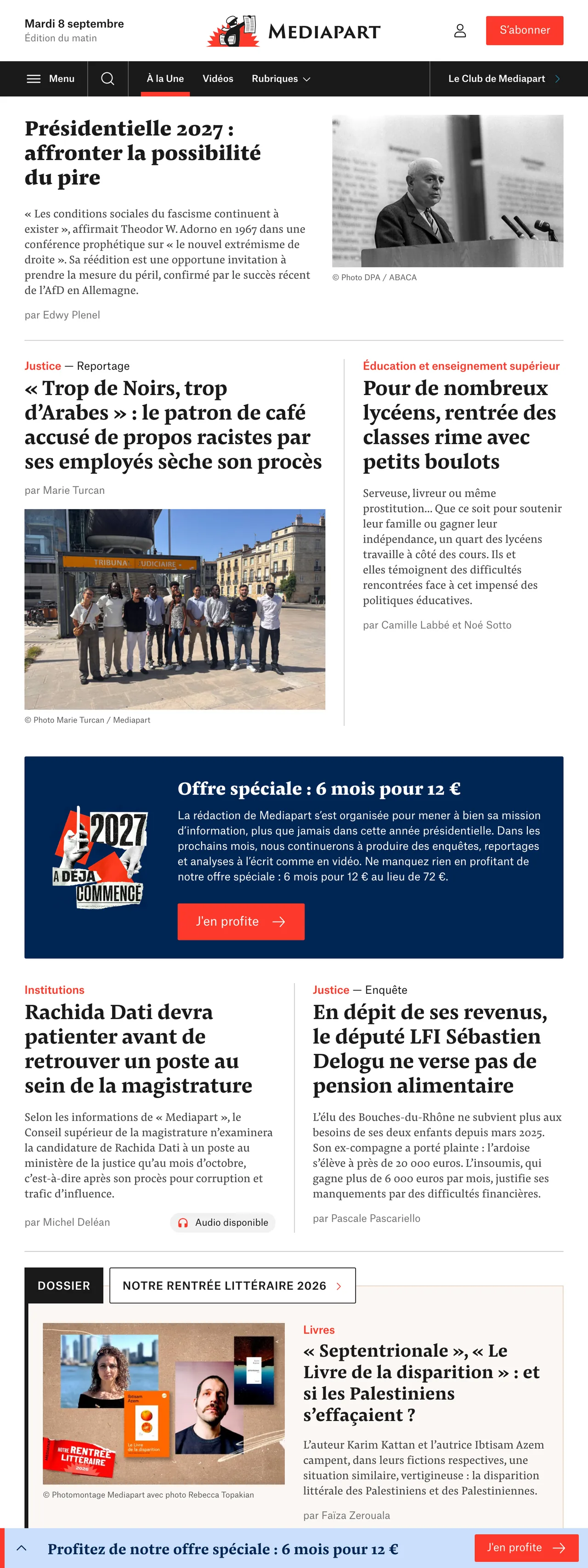 Screenshot of the Mediapart front page