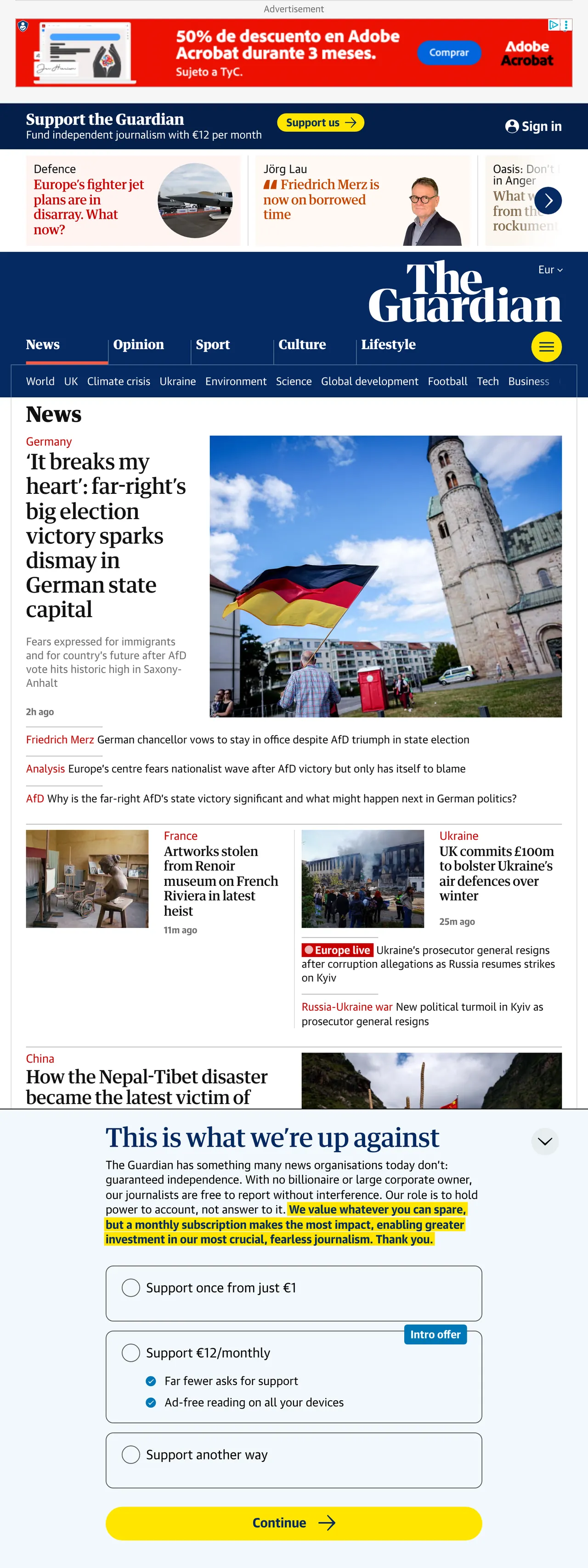 Screenshot of the The Guardian front page