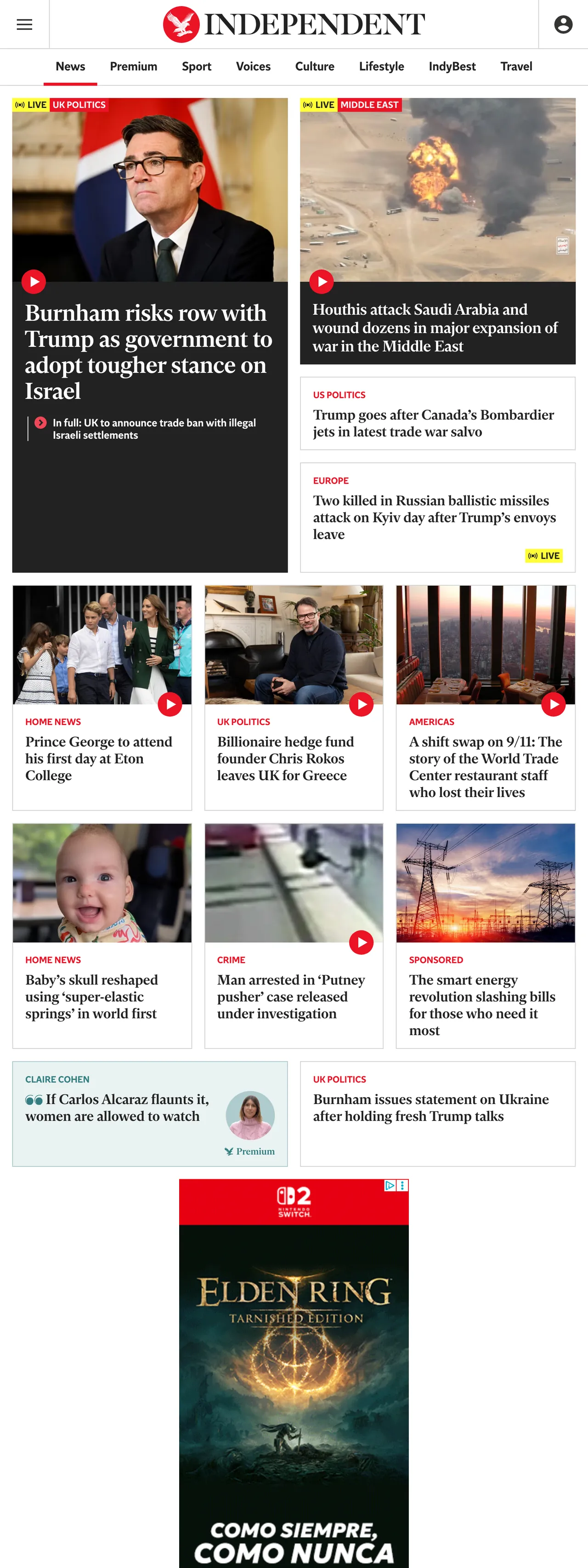 Screenshot of the The Independent front page