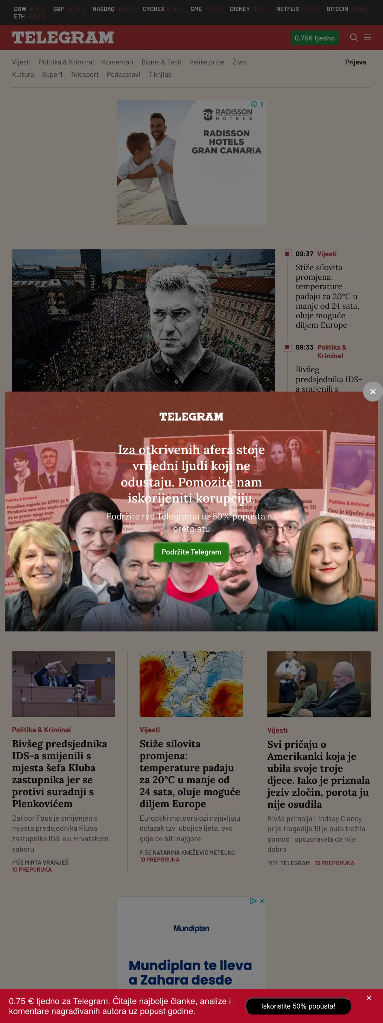 Screenshot of the Telegram.hr front page