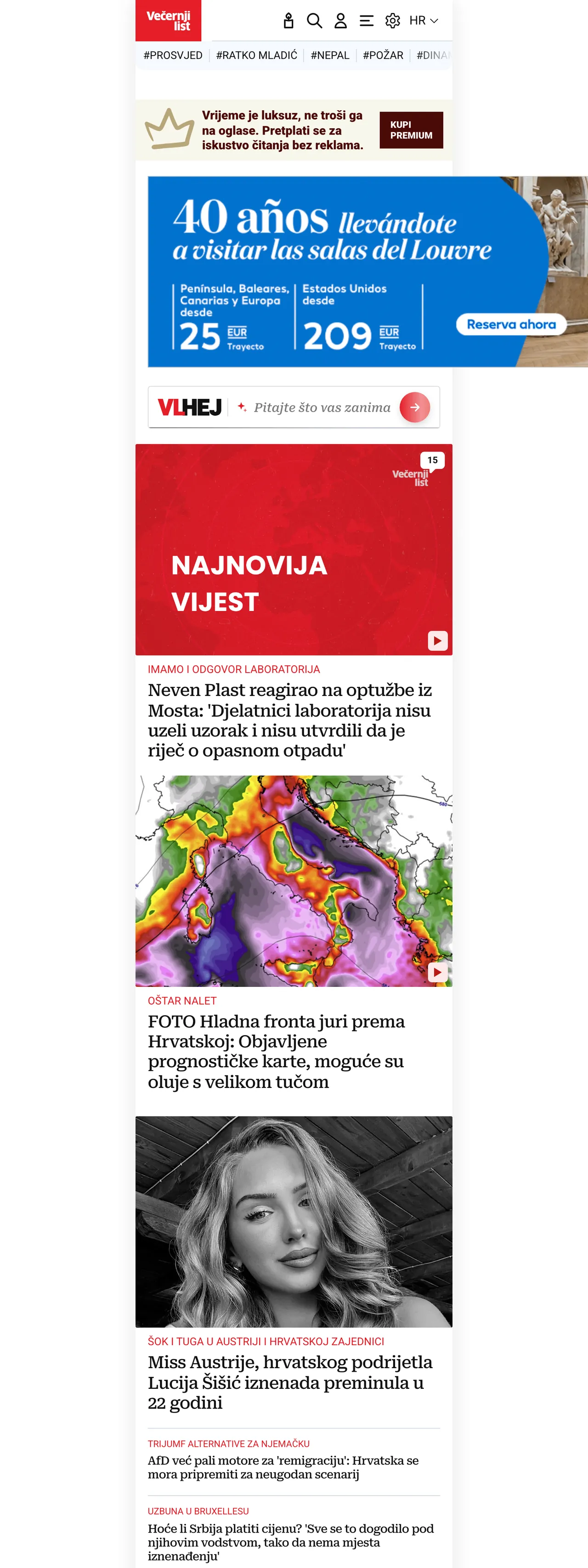 Screenshot of the Večernji list front page