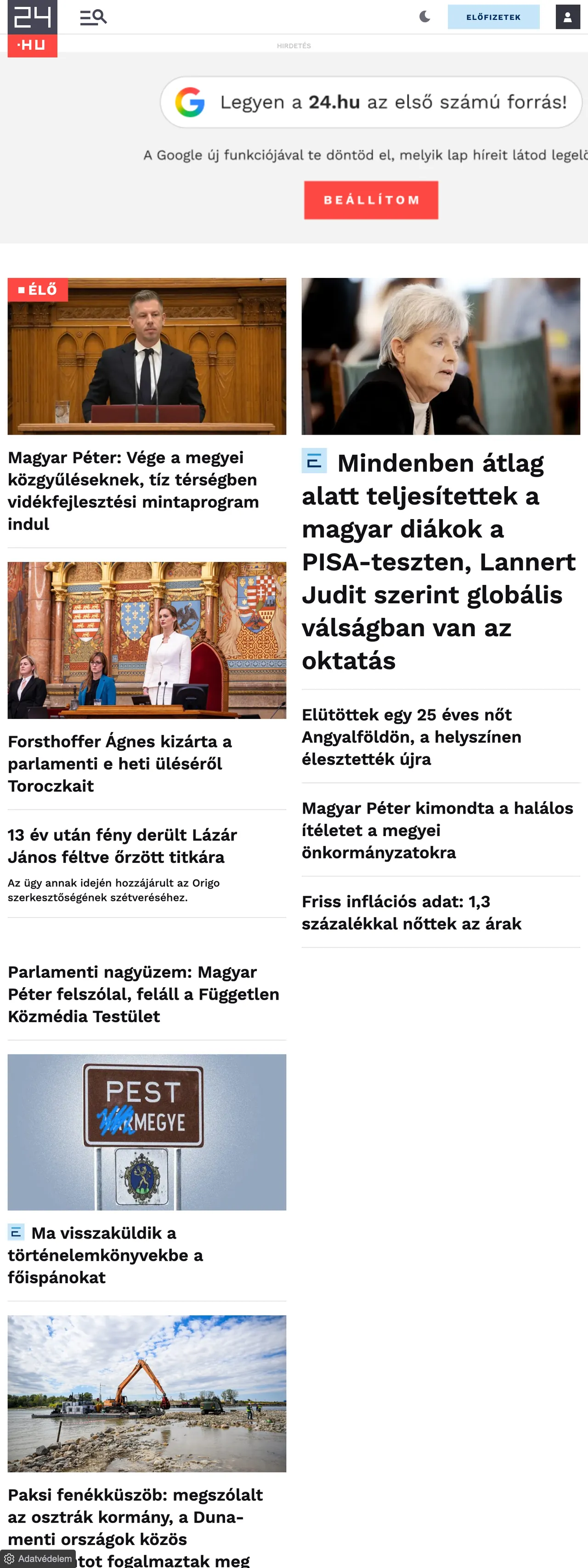 Screenshot of the 24.hu front page