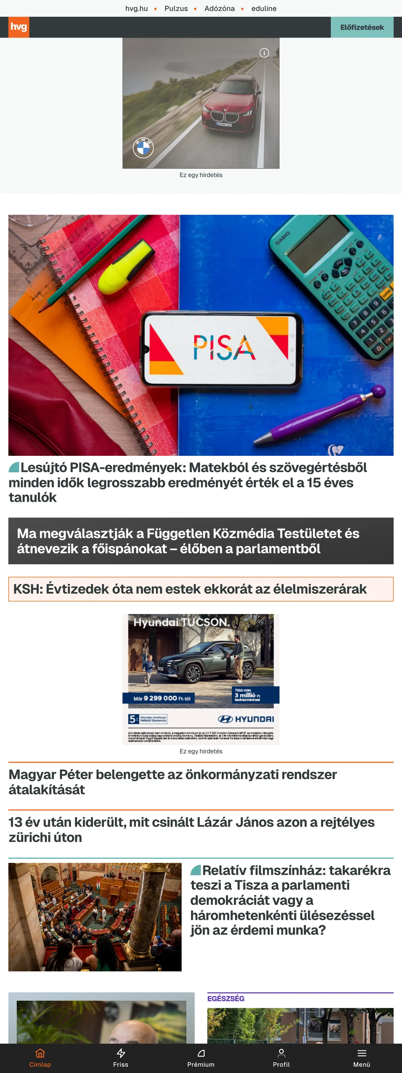 Screenshot of the HVG front page