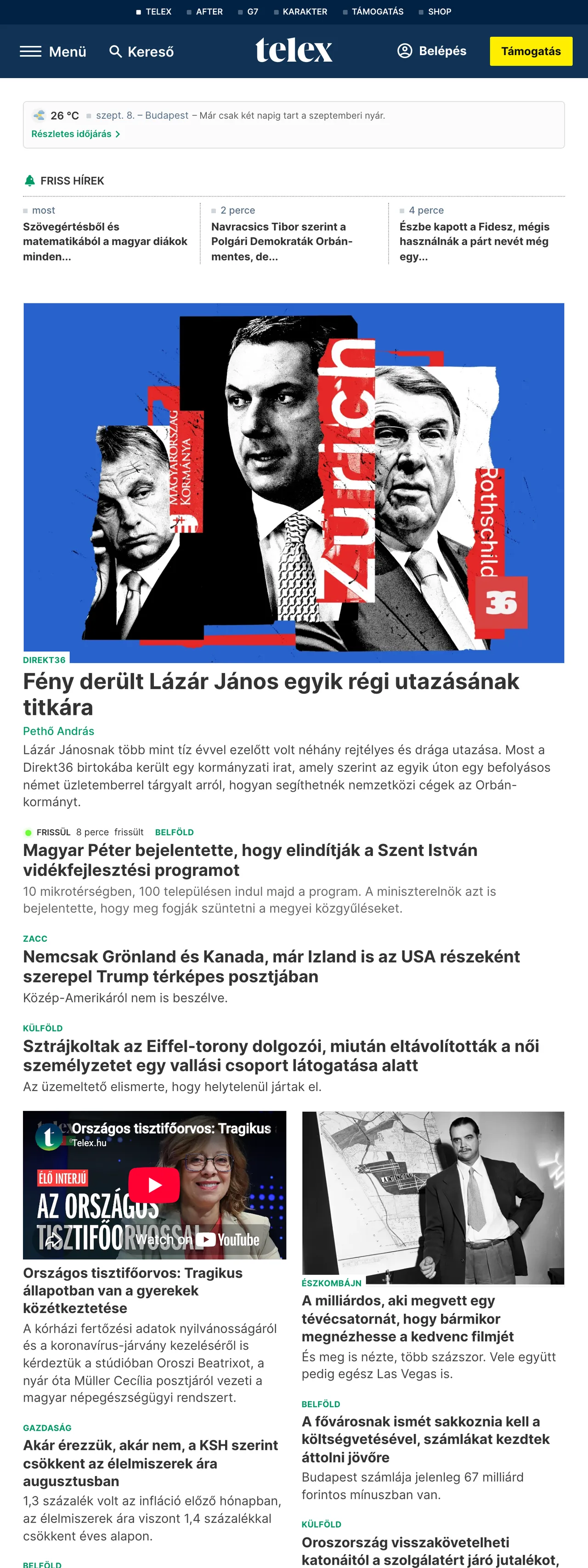 Screenshot of the Telex front page