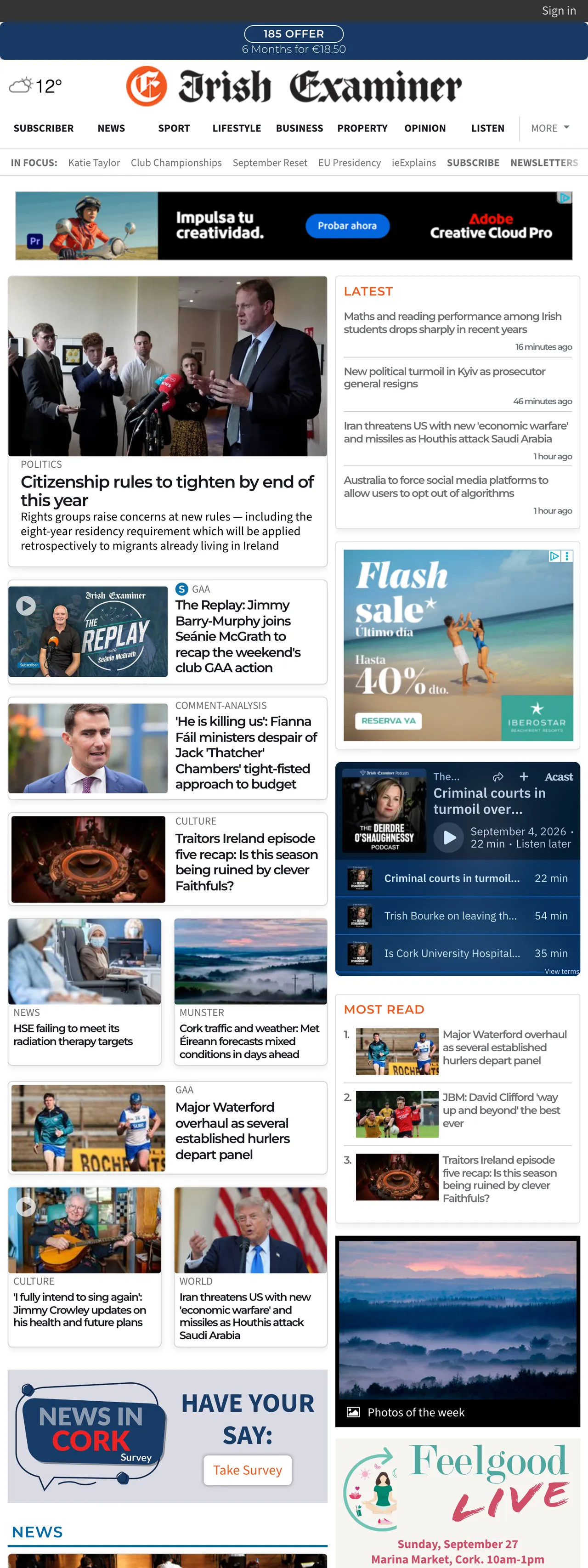 Screenshot of the Irish Examiner front page