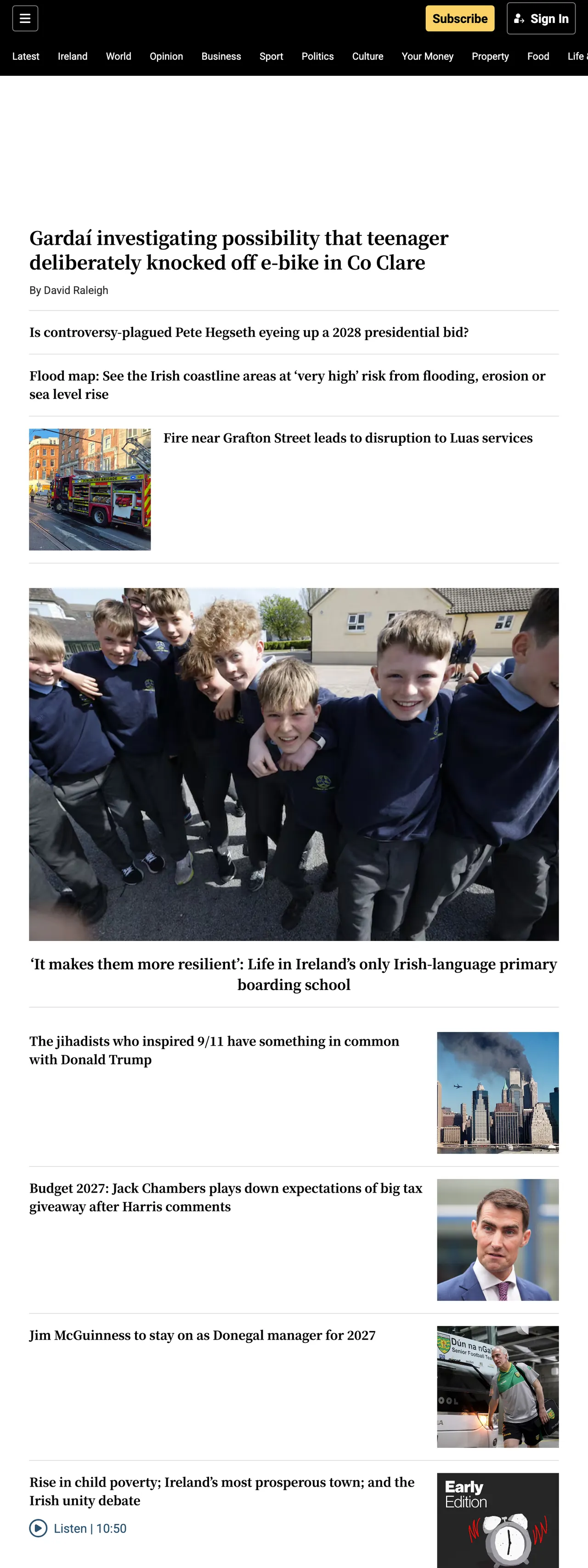 Screenshot of the The Irish Times front page