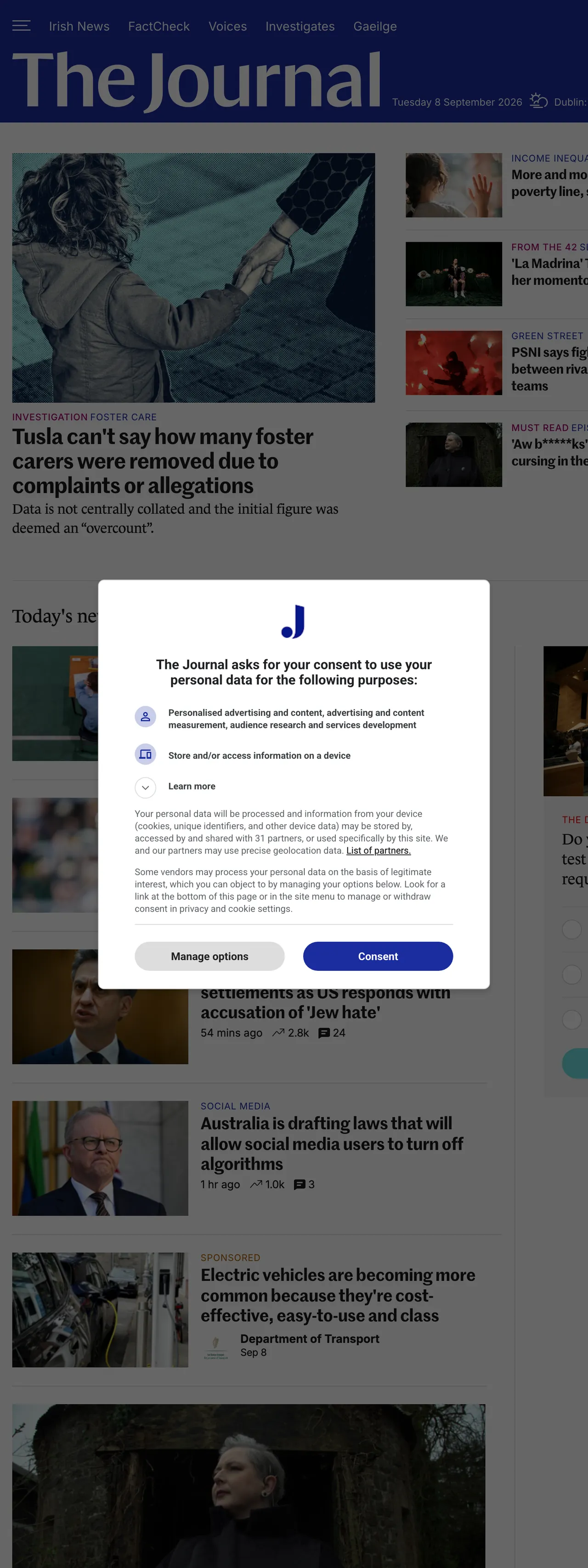 Screenshot of the TheJournal.ie front page