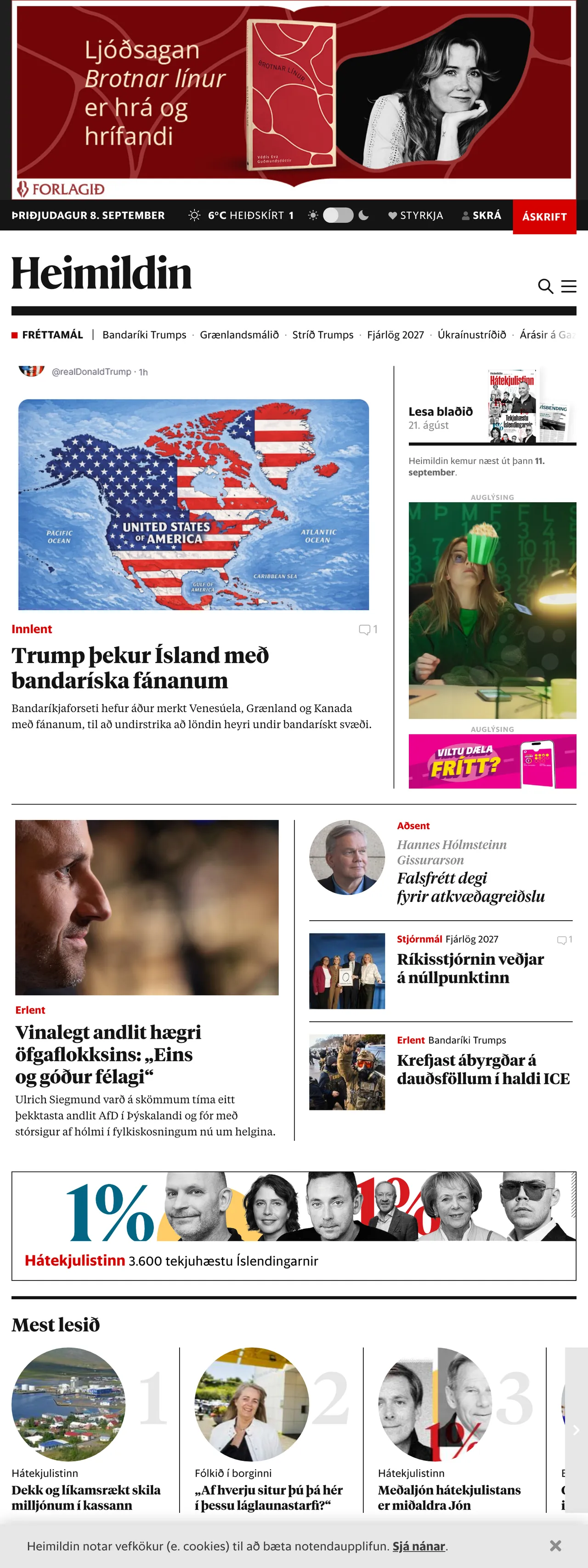 Screenshot of the Heimildin front page