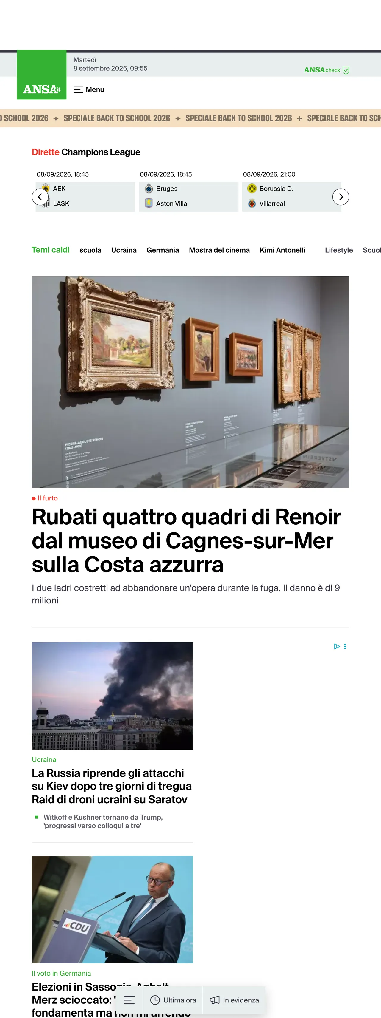 Screenshot of the ANSA front page