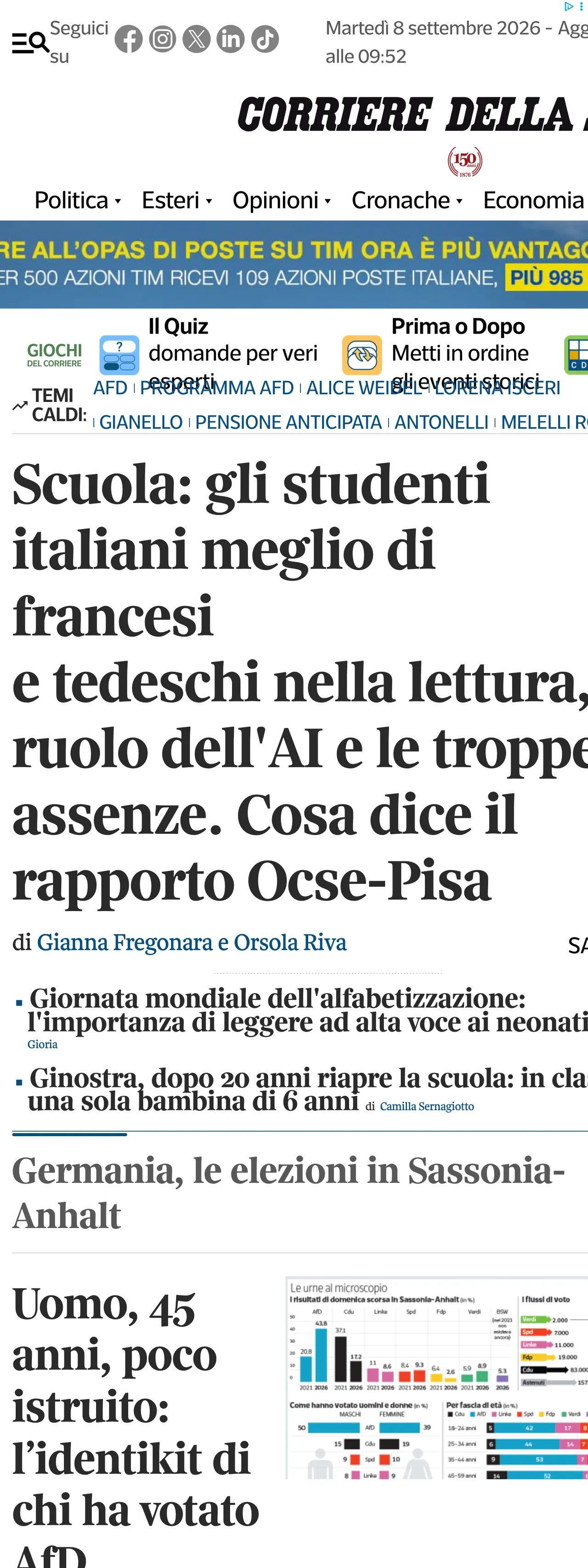 Screenshot of the Corriere della Sera front page