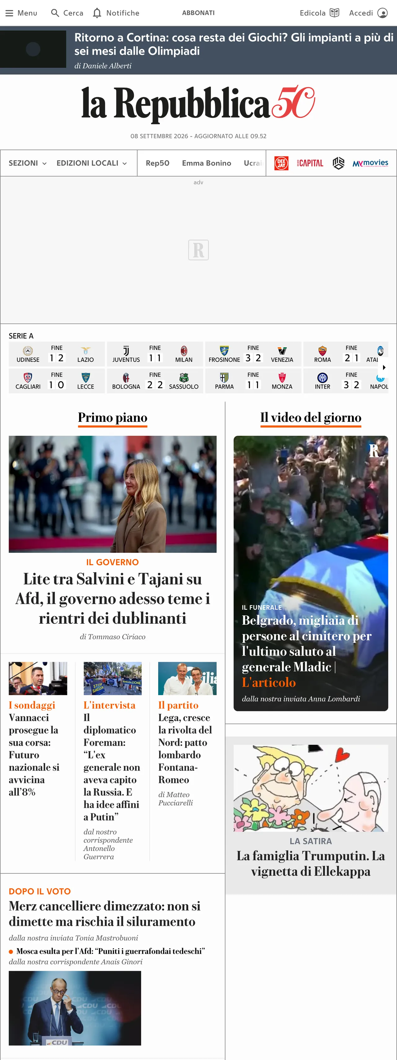 Screenshot of the la Repubblica front page