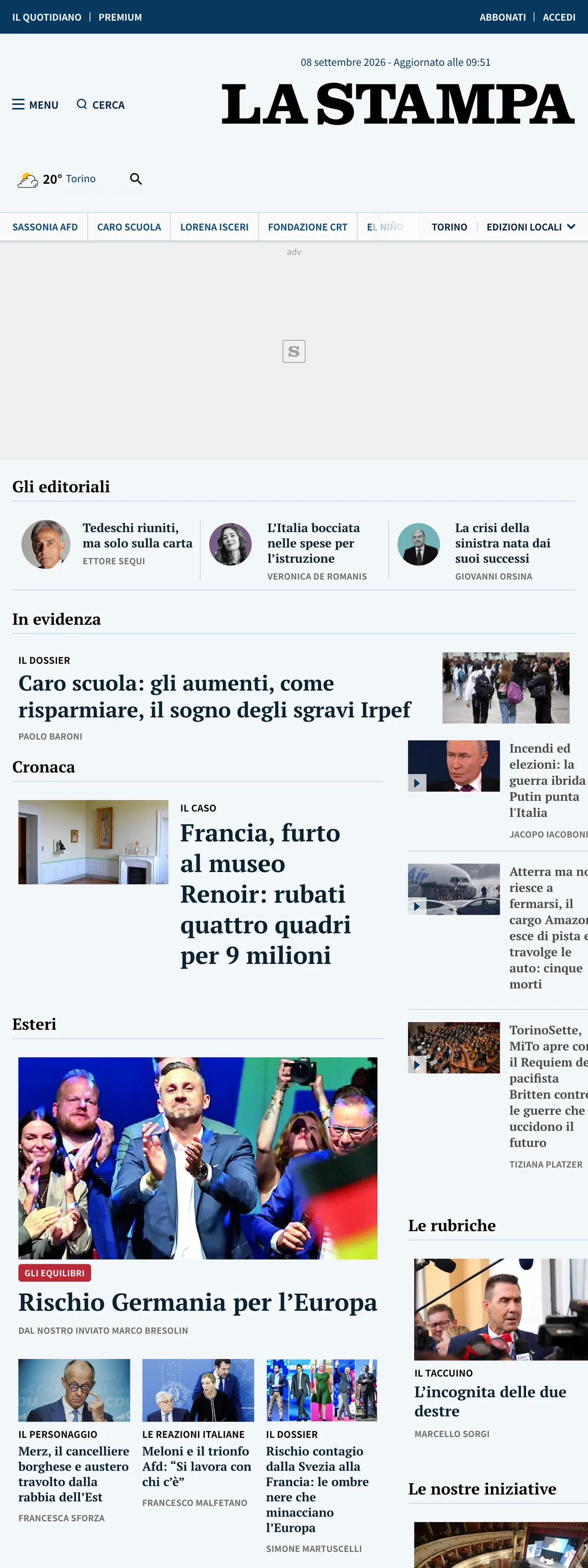 Screenshot of the La Stampa front page