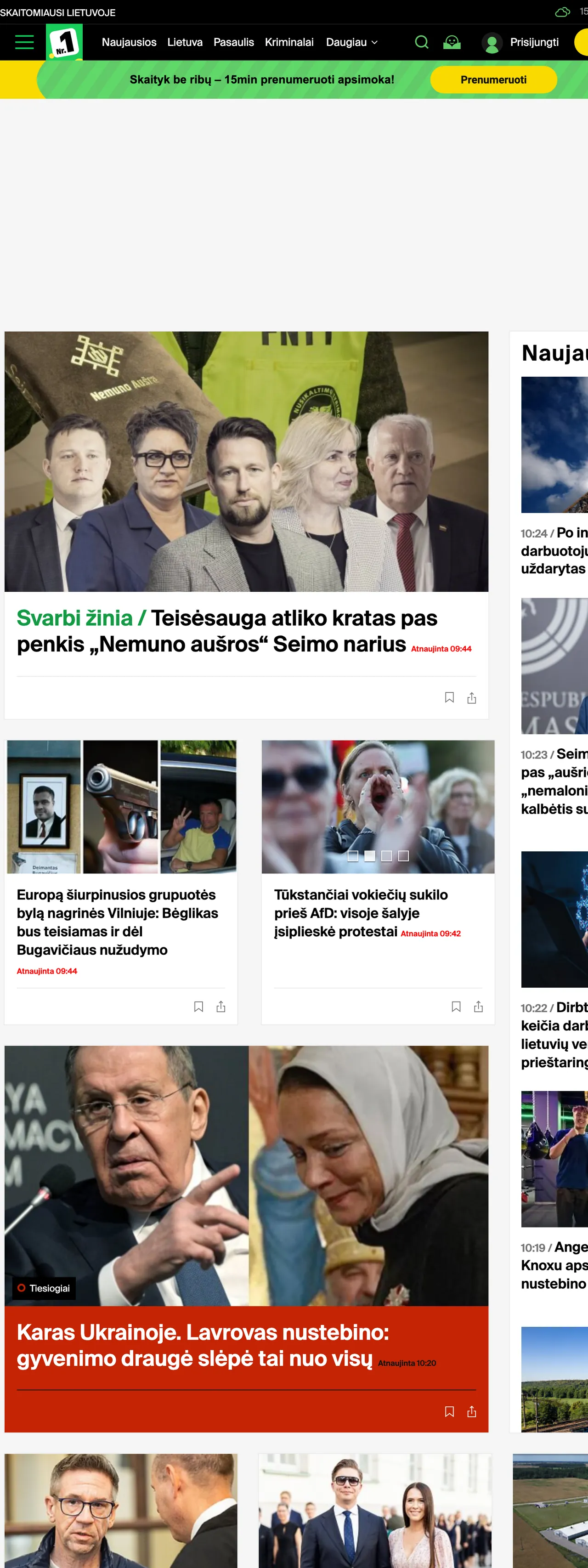Screenshot of the 15min front page