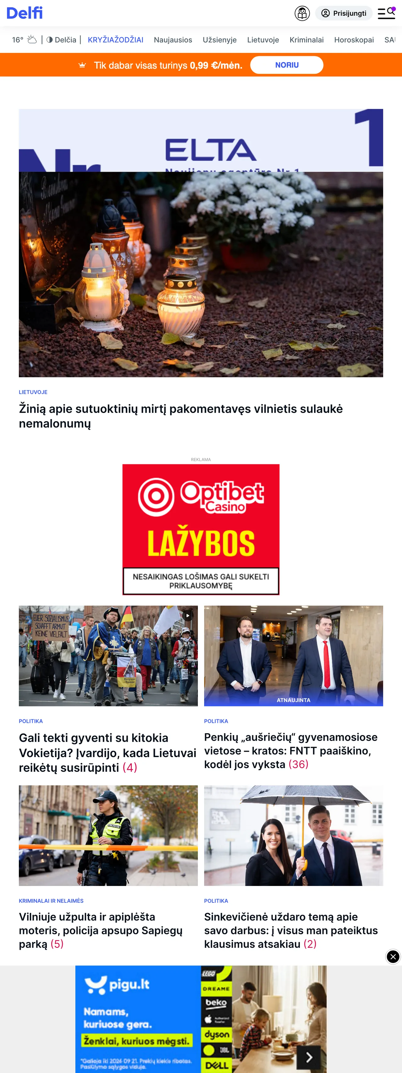 Screenshot of the Delfi front page