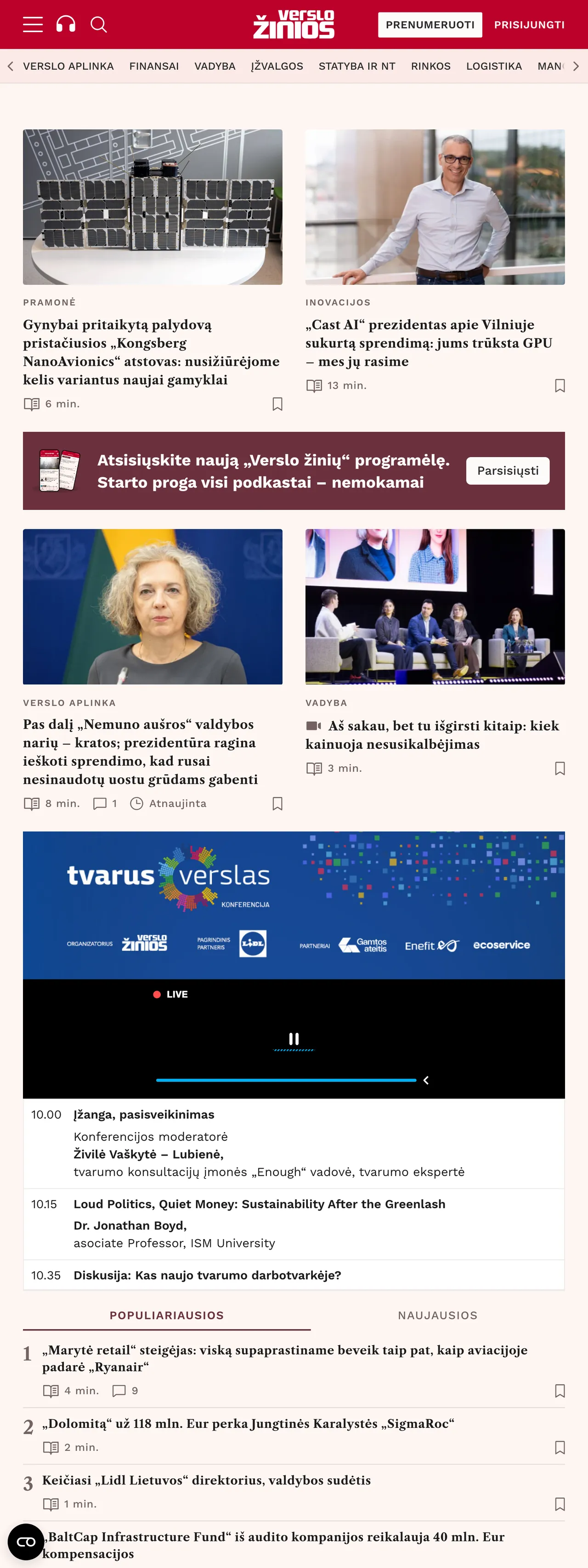Screenshot of the Verslo žinios front page
