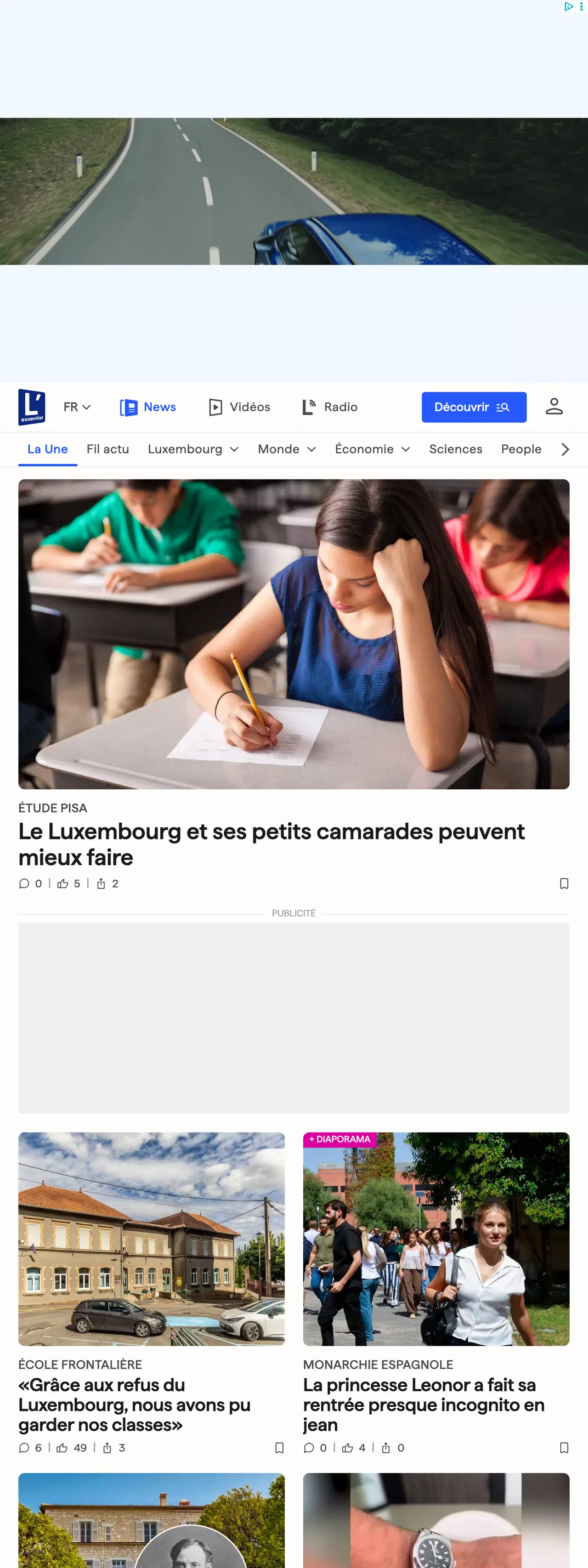 Screenshot of the L'essentiel front page