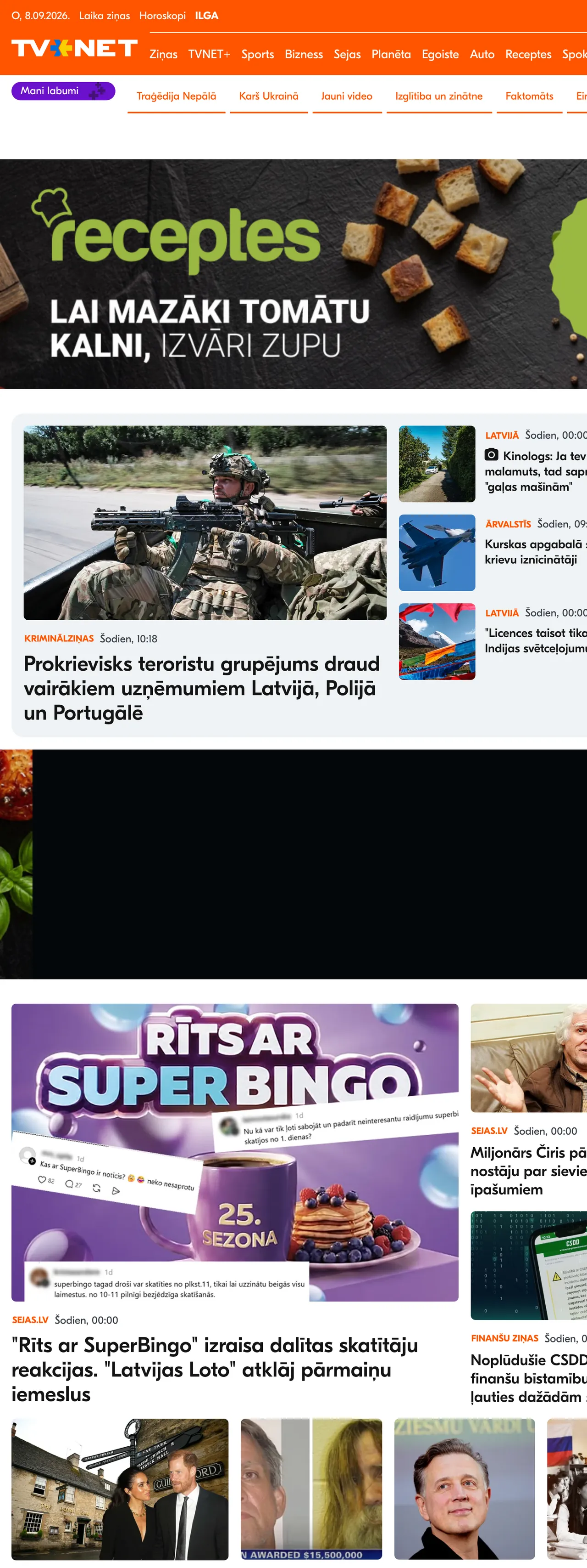 Screenshot of the TVNET front page