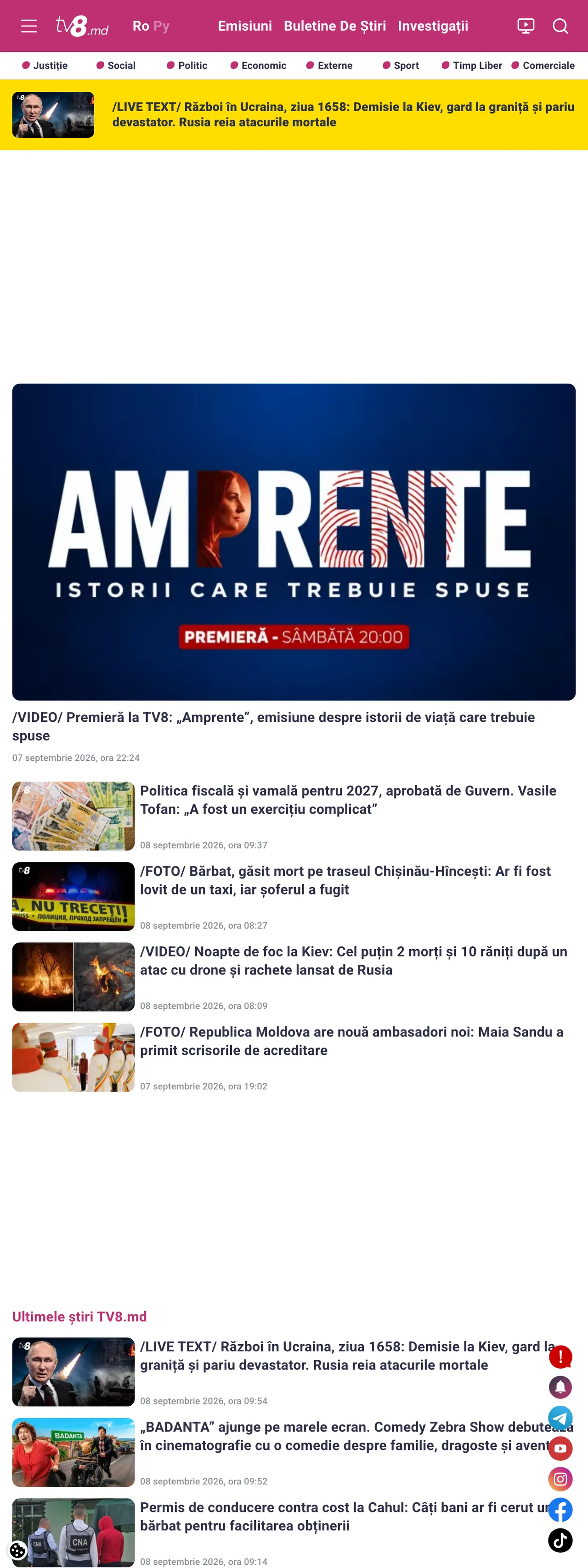 Screenshot of the TV8 front page