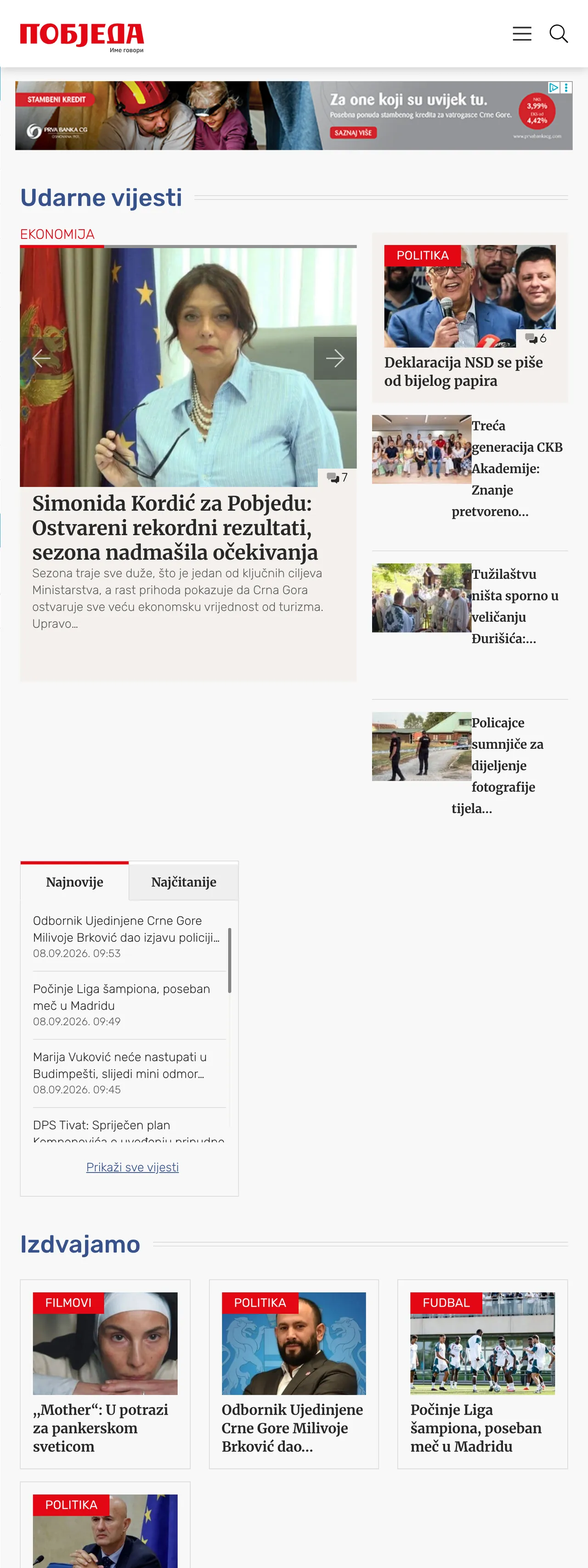 Screenshot of the Pobjeda front page